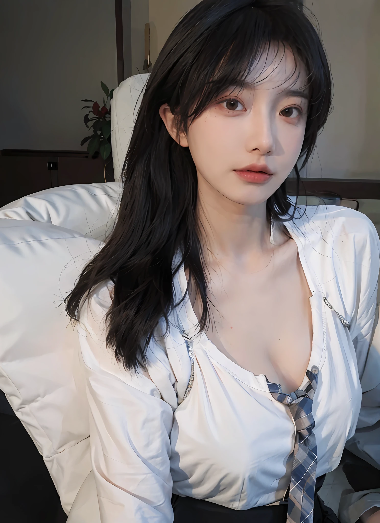Best quality,masterpiece,ultra high res,(photorealistic:1.4),1girl,sexy,(shirt and tie:1.2),(bra:1.2),(large breast:1.3),(upper body:1.4)
