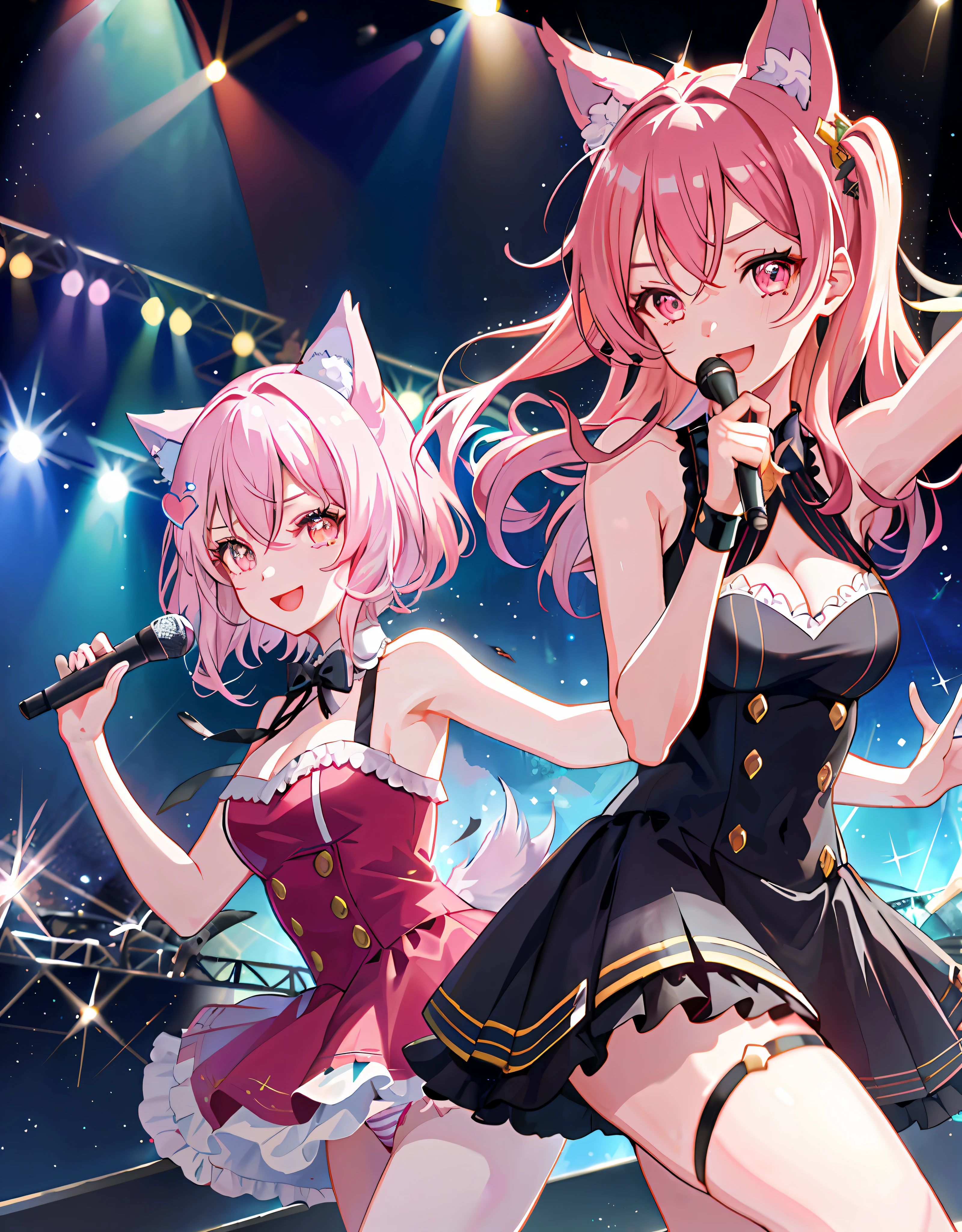 Anime, God Sakuga, Perfect Human Hand, Five Fingers, Dynamic Angle, Upper Body, One Girl, Smile, Wolf Ears, Wolf Tail, Pink Eyes, Hair Between the Eyes, ((((Wink)))), D Cup, Cleavage, Striped Hair, ((Colorful Hair Color: 1)))), Variegated Hairstyle: 1, Twin Tails, Ultra-Detailed Gradient Hair, Idol Costumes, Professional Designer, Ruffled dress, Love Live, Jewels, Backstage, Best Stage, Climax, Professional Stage, (((Holding the microphone with your left hand and singing emotionally, overflowing emotions, best smile))), Singer, Vocalist: 1, Idol, Diva, Professional stage, Professional lighting, Live lighting, Distracting, Fan Service: 1, (Satellite photo seen from the audience)))), (((Panchira, cute panties)))