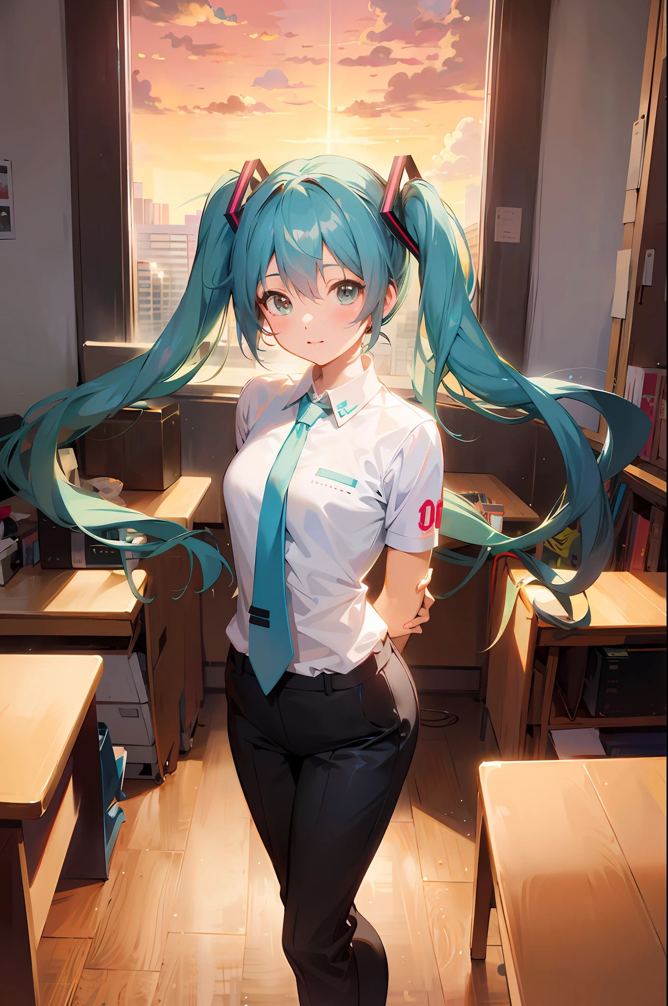 anime girl with long blue hair and a tie posing in a classroom, mikudayo, anime style 4 k, portrait of hatsune miku, hatsune miku, anime moe artstyle, anime! 4k, anime! 4 k, miku, 4k anime wallpaper, seductive anime girl, hatsune miku portrait, anime wallpaper 4k, anime wallpaper 4 k