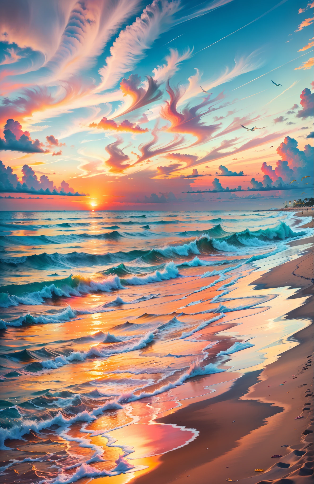 An absolutely mesmerizing sunset on the beach, with a mix of orange, pink, and yellow in the sky. The water is crystal clear, gently kisses the coast, and the white sand is endless. The scene is dynamic and breathtaking, with seagulls soaring high in the sky and palm trees swaying softly. Immerse yourself in the calm atmosphere and let the serenity surround you.