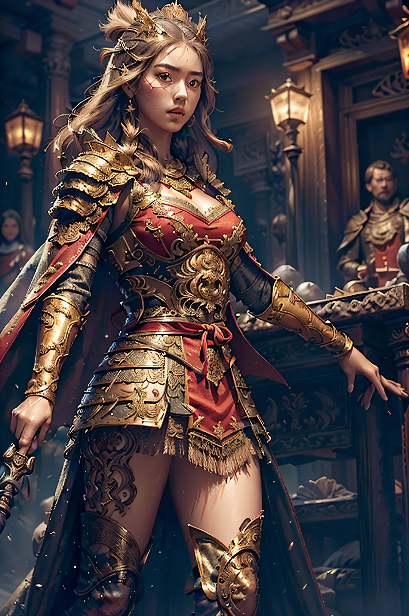 ((masterpiece))), (((best quality))), ((ultra-detailed)), (hyperrealistic), (highly detailed CG illustration), cinematic light, photorealistic ,extremely beautiful young lady, light makeup, big breast,  intricate detailed eaba, red cape, spear