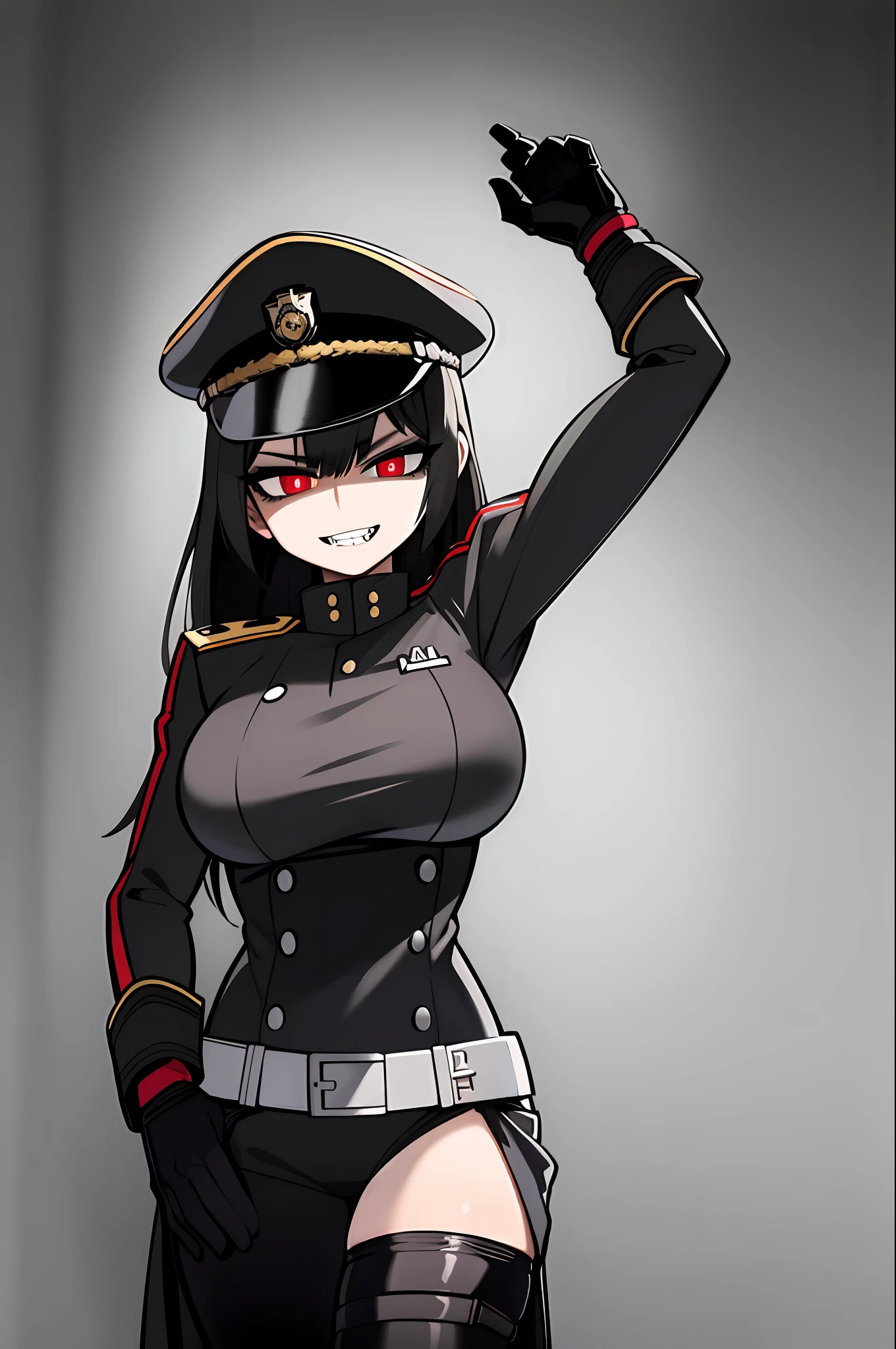 ((masterpiece, best quality)), (1girl), (solo), (female focus), female goth army officer, black leather german uniform, wearing army leather hat, strong makeup, large breasts, tall woman, black hair, red eyes, deep shadows, constricted pupils, empty eyes, yandere, accessories, shark teeth, female death appearance, dynamic angle