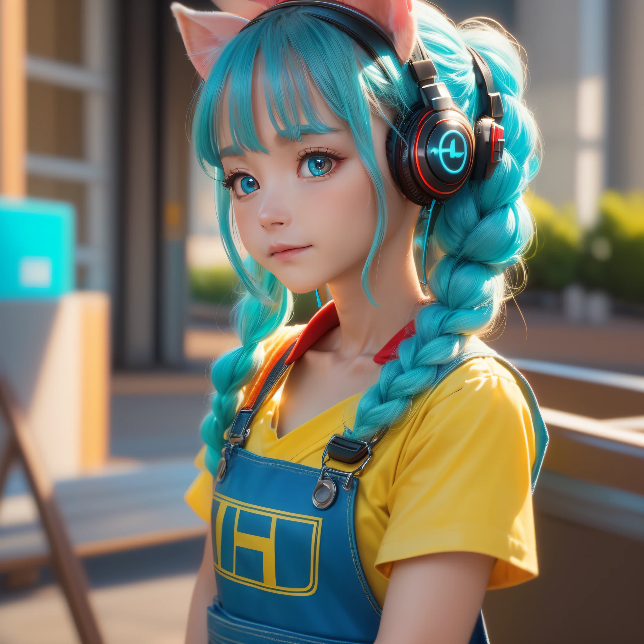 (Highly detailed CG Unity 8k wallpaper, masterpiece, top quality, super detail), floating, shining eyes [(headband, earrings, braided pig tail hair with headphones, (cyan: 1.5 | red: 1.2), (light yellow: 1.3)): overalls): --auto --s2