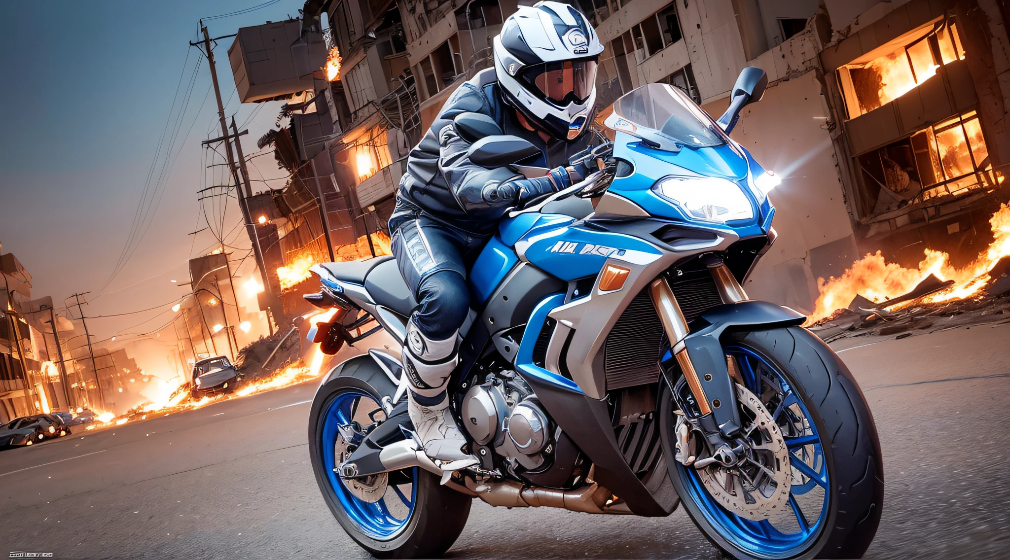 [Illustration storyboard] comic page, multiple images on one page: A rider riding a motorcycle in a devastated burning city (back, close-up), (GoPro, f/2.8, diffuse backlight). [Multi-angle continuous shooting] in Nicolas Bouvier's style, cobalt blue and reflective silver, motion picture film P30, split composition
