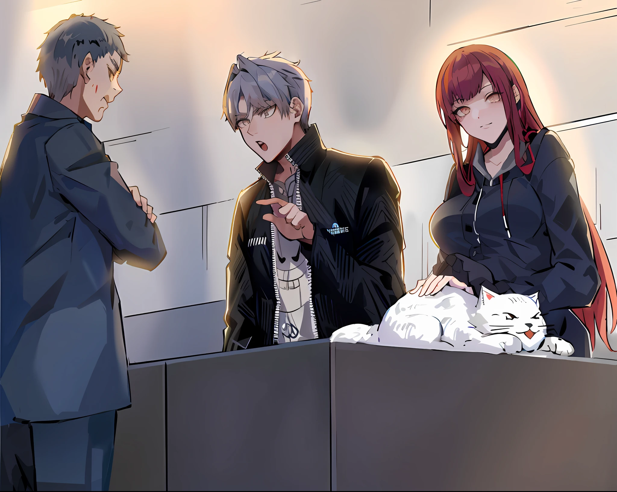 anime characters standing around a table with a cat on it, high quality fanart, official fanart, from girls frontline, at the counter, from cryptid academia, at pixiv, he has dark grey hairs, digital art from danganronpa, painted in anime painter studio, detailed fanart, evangelionic illustration, girls frontline style, by Kanbun Master, zerochan art