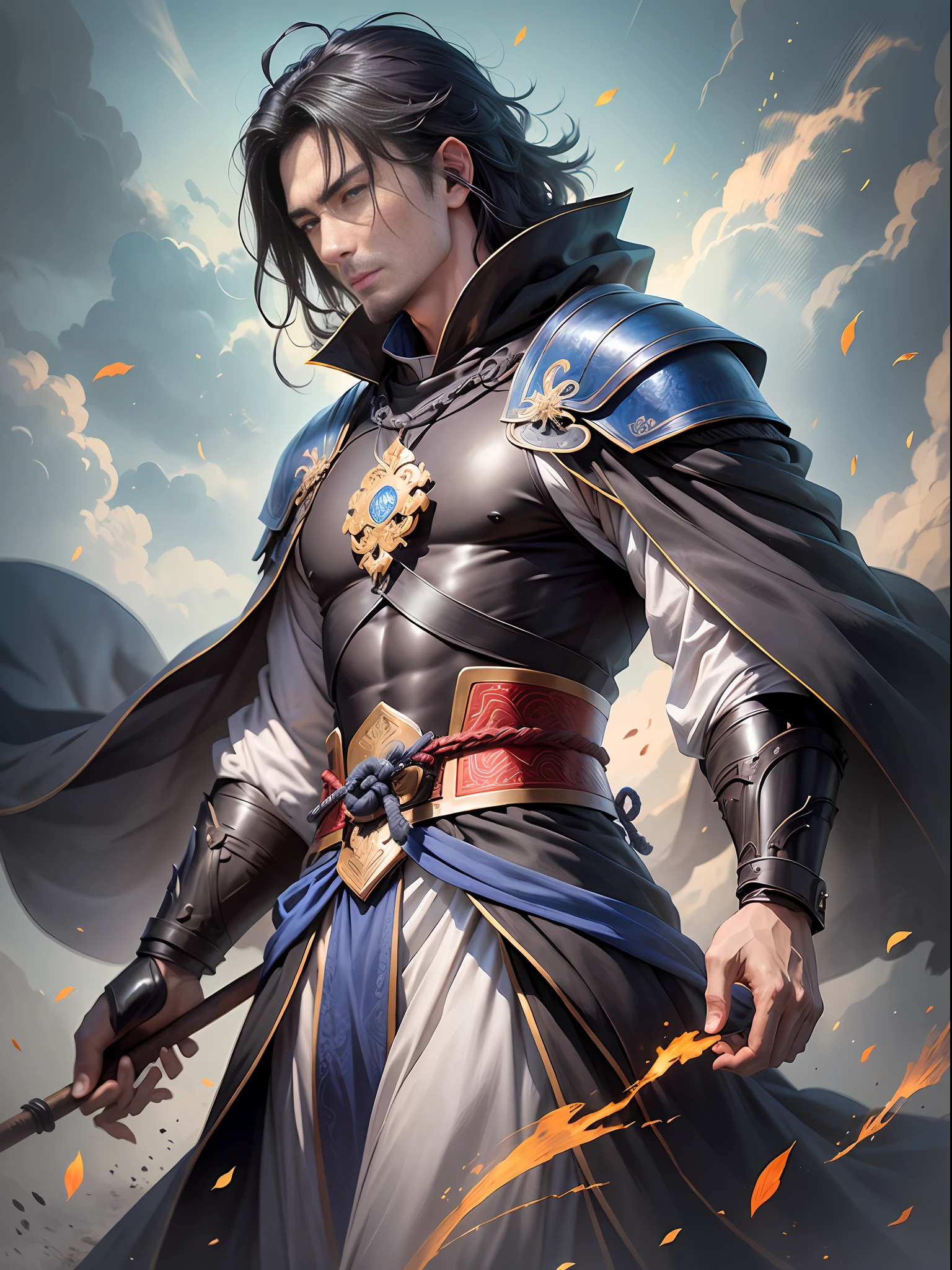 A man, Qin Shi Ming Yue twenty-four solar terms, Mangseed season. Early in the morning, (masculine) men dressed in gorgeous (robes), (black cloaks) fluttering in the wind; (Black hair) floats like a waterfall, and looks more and more majestic under the outline of (gray and blue eyes); (Split hair) hangs lazily, (steady expression) exudes (gentle, majestic, handsome, domineering) breath, full of (dynamic).