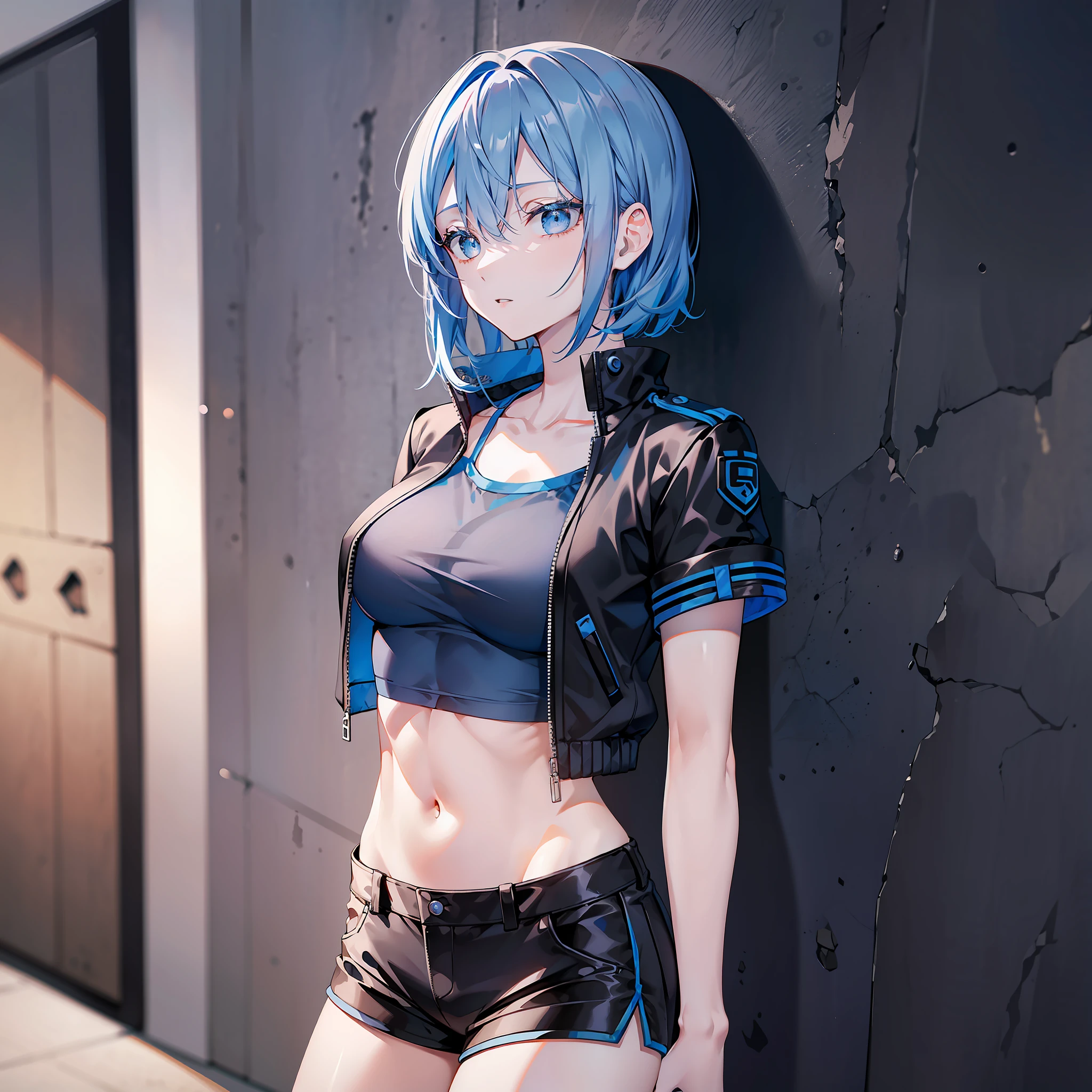 Blue eyes, blue hair, hair shoulder level, medium chest, black shorts, thin, wearing blue short sleeves, wearing a black cropped jacket, female, M-bangs, smooth body structure