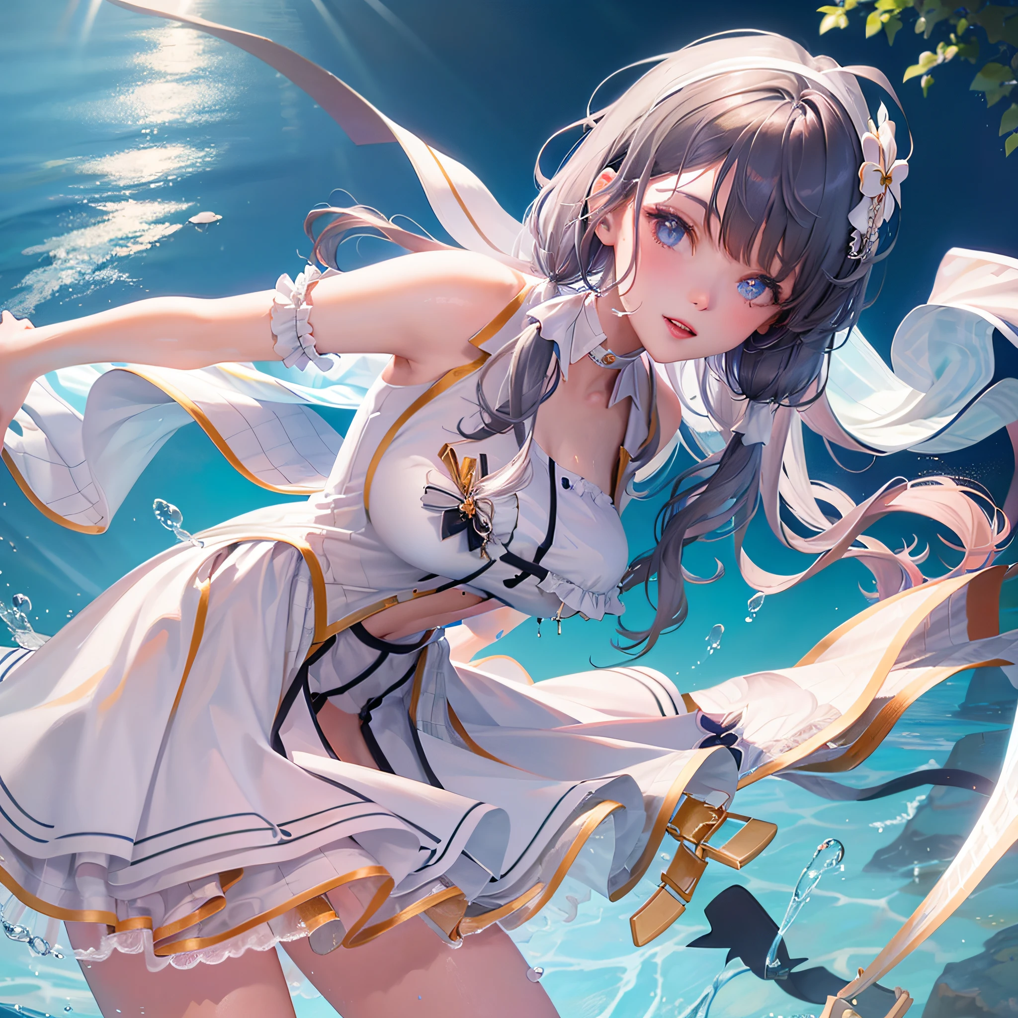 The art of cornflower, fantastic (1girl, solo, looking_at_viewer, smile, low double ponytail, bangs, bare shoulders, jewelry, upper body, gray hair, earrings, multicolored hair, choker, vest, water, off_shoulder, streaked_hair, tattoo, floating_hair, hairband, beautiful and detailed sky, beautiful and delicate water, splashing water, sunlight, nsfw, (drip), swimming pool), dripping, open legs,), swimwear, ((colored hair)),