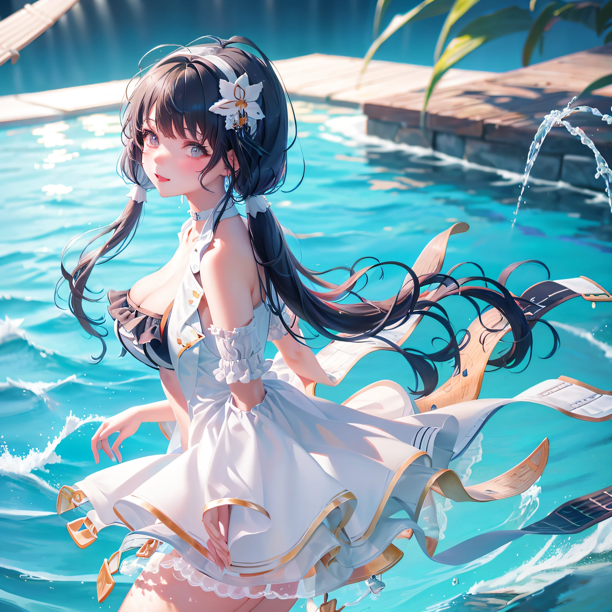 The art of cornflower, fantastic (1girl, solo, looking_at_viewer, smile, low double ponytail, bangs, bare shoulders, jewelry, upper body, gray hair, earrings, multicolored hair, choker, vest, water, off_shoulder, streaked_hair, tattoo, floating_hair, hairband, beautiful and detailed sky, beautiful and delicate water, splashing water, sunlight, nsfw, (drip), swimming pool), dripping, open legs,), swimwear, ((colored hair)),