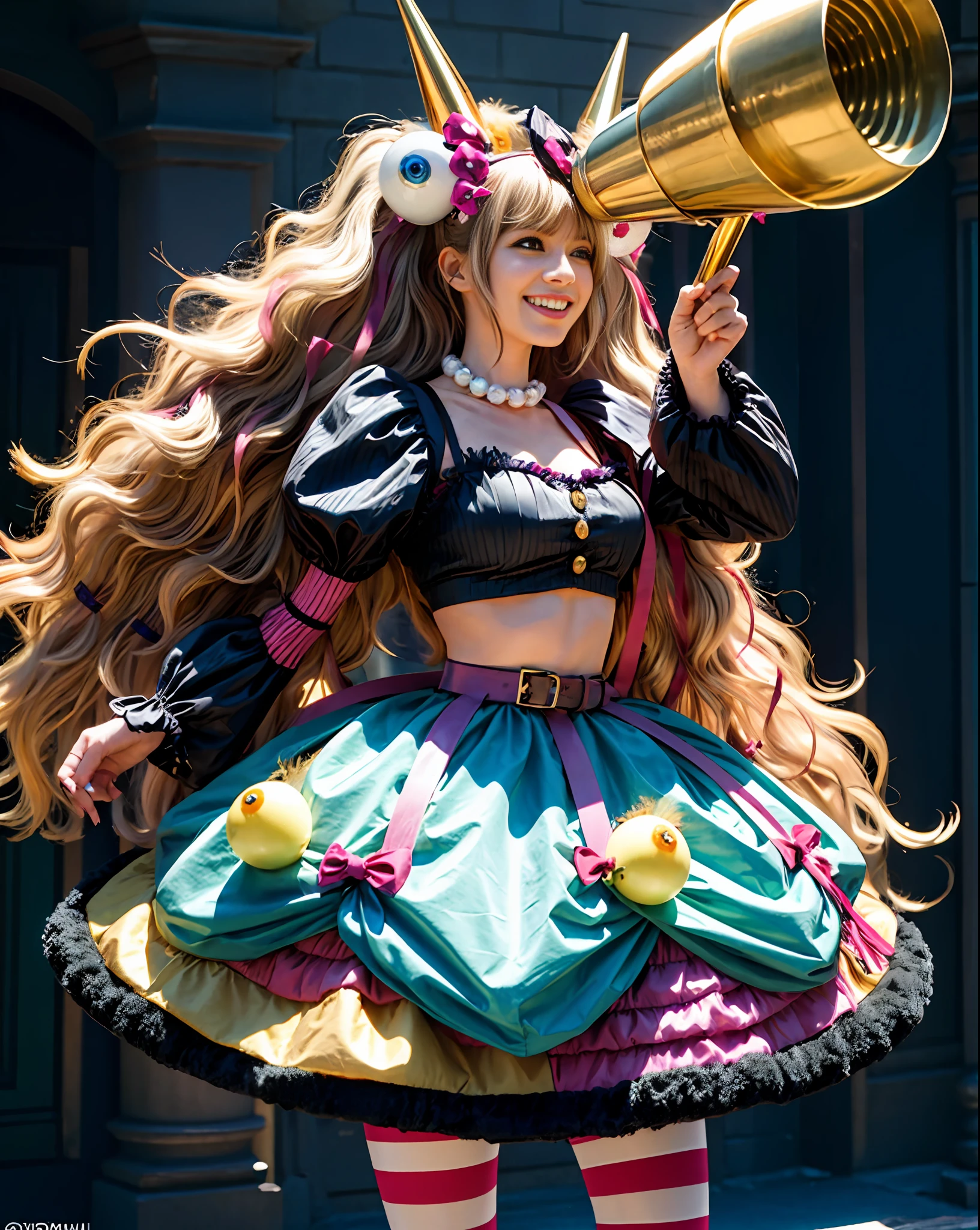 (Masterpiece), (Best Quality), Ultra High Definition, Professional Artwork, Ultra Detailed, Complex, Detailed Face, Perfect Lighting, 1girl, Solo, Sylviem, Kofxib, Striped, Pantyhose, Midriff, Ribbon, Striped Pantyhose, Jewelry, Horn, Open Eyes, Big Smile, Wide Mouth, Big Golden Megaphone, Megaphone Loud, Hair Bow, Chest, Skirt, Beads, Necklace, Cleavage, Puffy Sleeves, Photorealistic, Cowboy Shot, Dynamic Angle