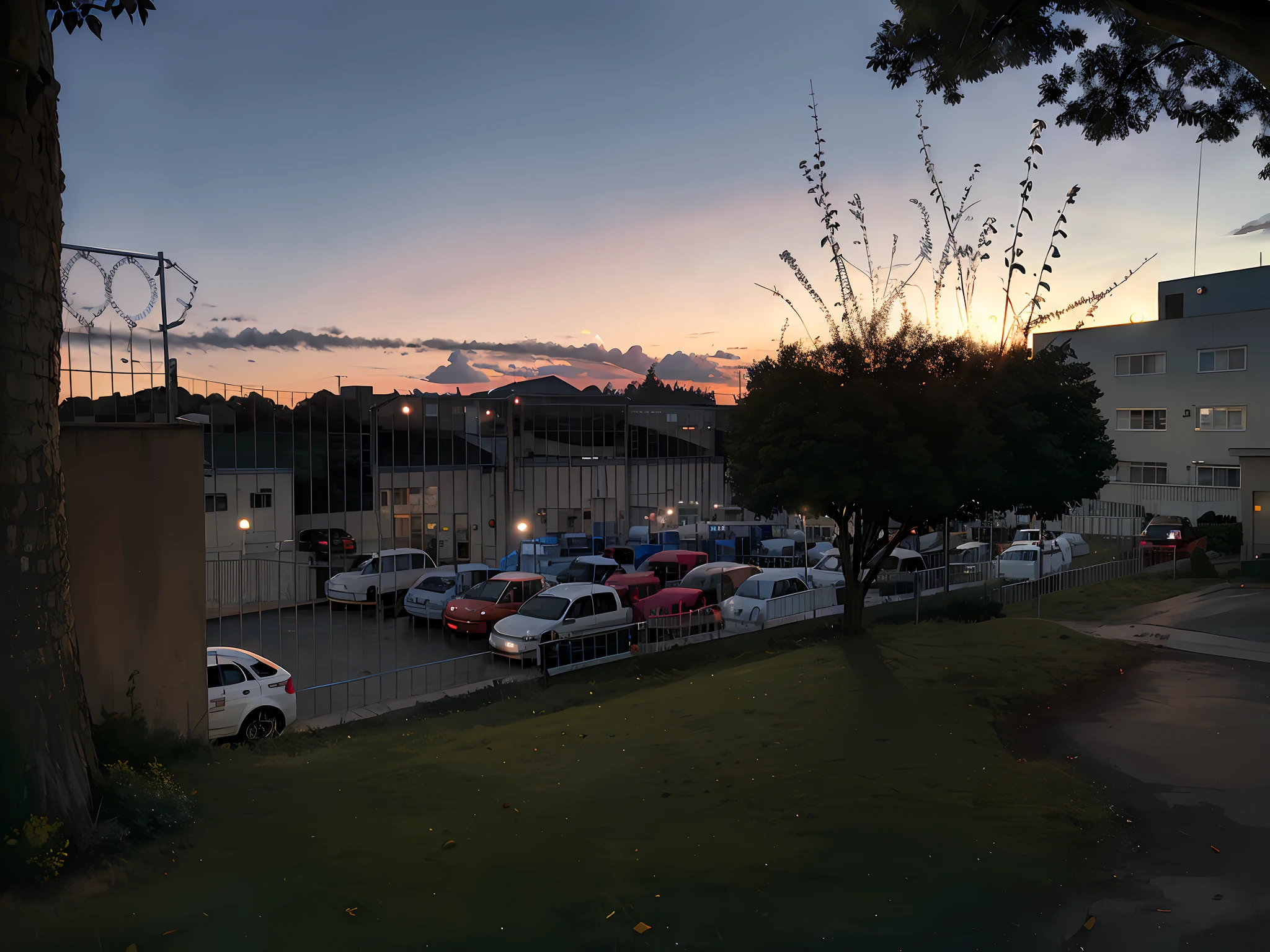 cars parked in a parking lot at dusk with a fence, taken at golden hour, taken with sony alpha 9, beautiful late afternoon, taken with sony a7r camera, middle shot, captured with sony a3 camera, taken with a canon dslr camera, sunset view, at dusk at golden hour, at sunset, parking lot, the sun is setting