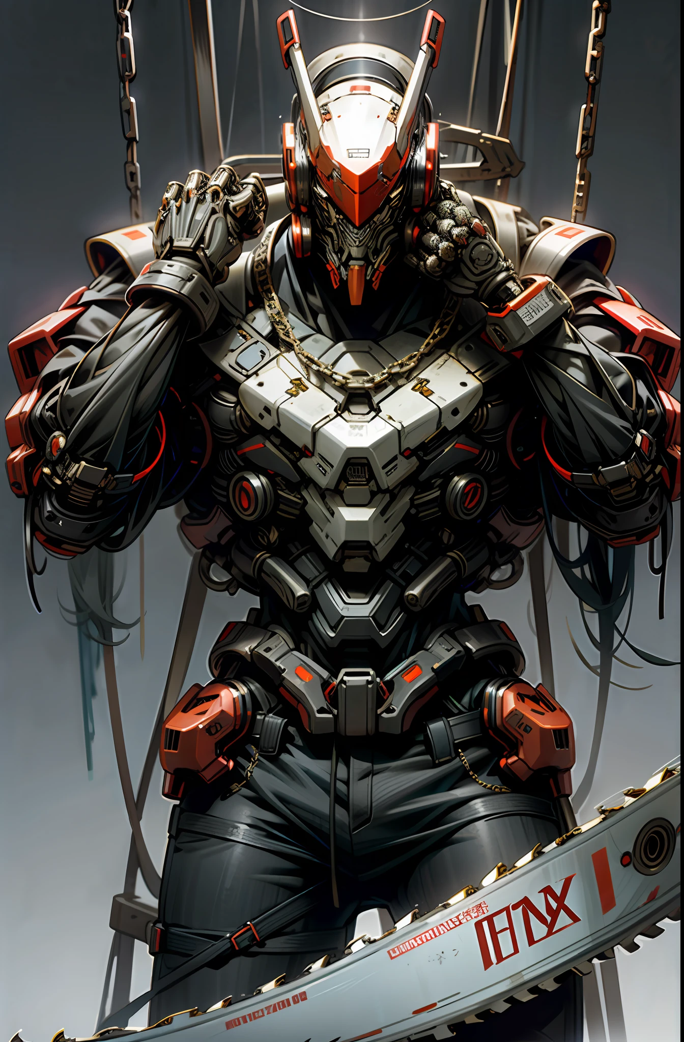 Dark_Fantasy,Cyberpunk,(chain saw,chain saw man,Red:1.1),1man,Mechanical marvel,Robotic presence,Cybernetic guardian,