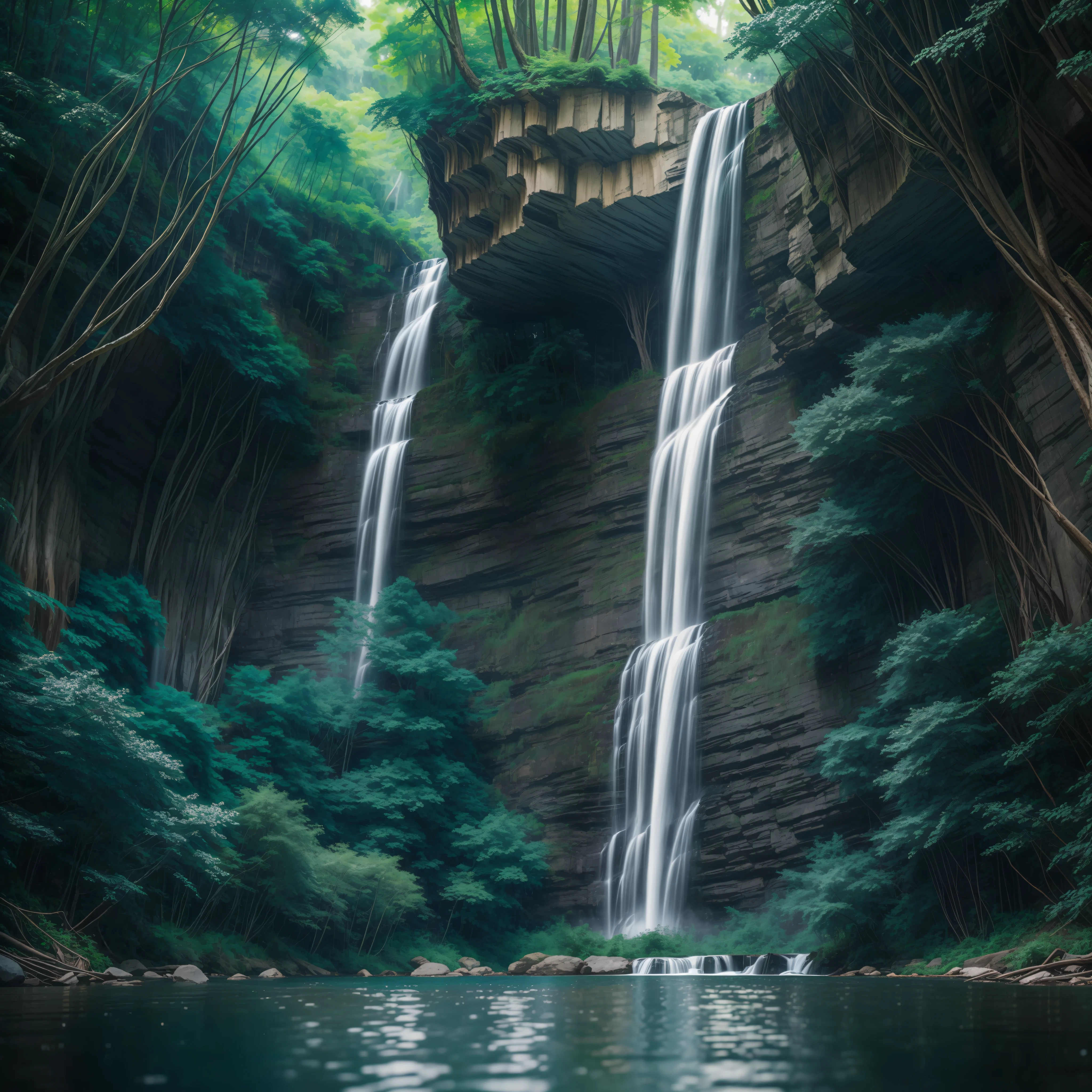 ((Low trees, tall waterfalls, very wide and wide): 1.3), (depth of field, HDR, bloom, bokeh), (monochrome, vines everywhere: 0.9), [(watercolor, natural light: 0.8, Journey experience: 0.8, dramatic: 0.9), ((1girl): 0.7), (blue fire long hair) :(1.2) + black) :(0.7)]