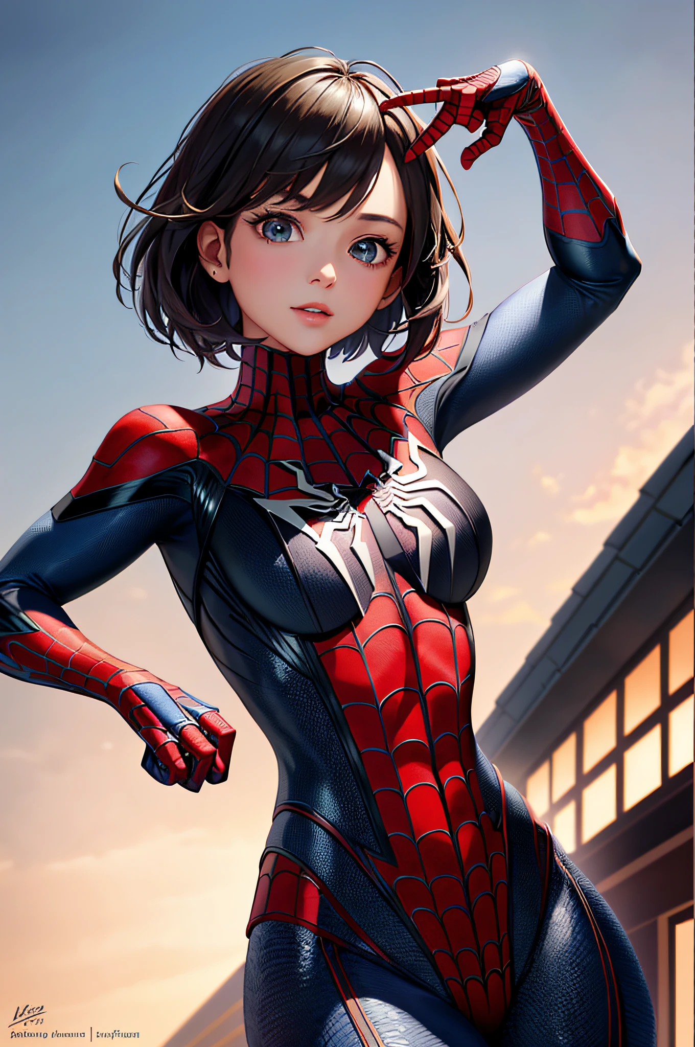 Best Quality, 1 Girl, Medium, Masterpiece, Best Quality, 8K, Detailed Skin Texture, Detailed Cloth Texture, Beautiful Detail Face, Intricate Detail, Ultra Detailed, Spider-Man Uniform, On the Roof (Half: 1.2)