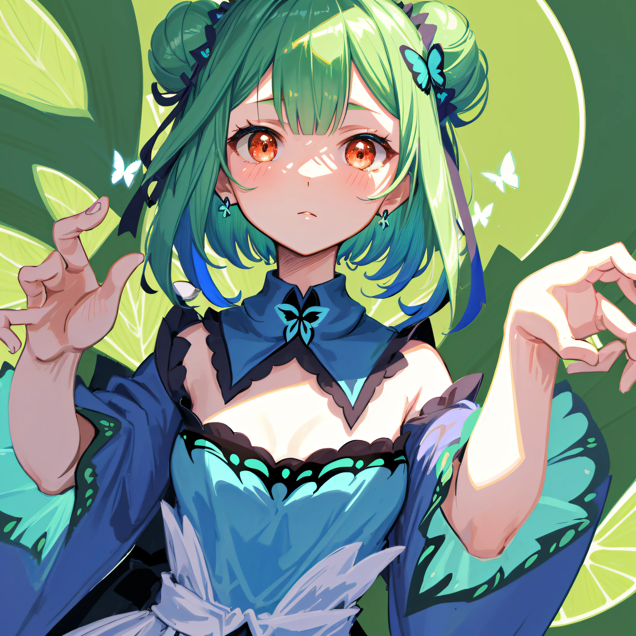 (人物: Uruha Rushia), tiny_chest, flat_chest, double bun, short hair, (masterpiece:1.2), 1girl, solo, best quality, shiny skin, hyper detailed ultra high res, cute, looking at viewer, extremely detailed wallpaper, close up portrait, with a butterfly,