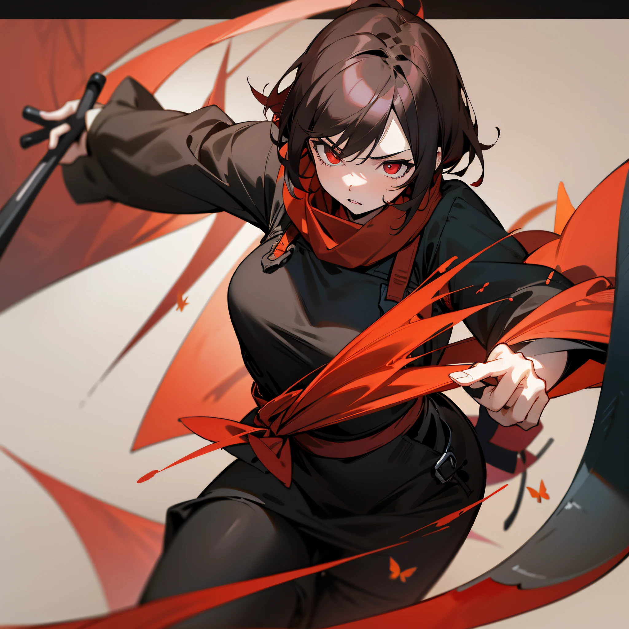 Anime girl Red pupils Red scarf on arm Overall sharpness Holding a huge scythe Short black hair Red hair ends red Big eyes Spirited Very confident temperament Butterfly Swinging a scythe to attack Giantess | Concept Black Butterfly Cheongsam background is empty