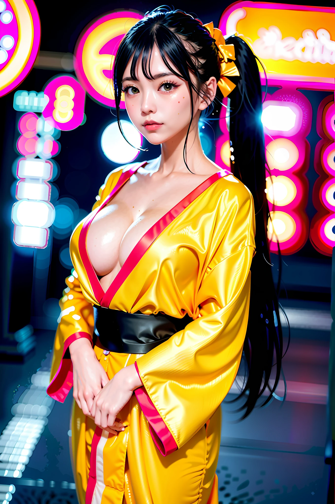((gorgeous Golden kimono)),((gorgeous orange kimono)),((gorgeous pink kimono)),((gorgeous red kimono)),((royal textured kimono)), (((smile:1.0, laugh:1.0))),
1girl, solo, makeup, highres, large breasts:1.4 , cleavage, looking at viewer, smile, bangs, bare shoulders, black hair,collarbone, crossed bangs, hair between eyes, hair ornament, hair ribbon, huge breasts, japanese clothes, large breasts, long hair,mask, mask on head, off shoulder, parted lips, red eyes, red kimono, red ribbon, ribbon, striped ribbon, taihou \(azur lane\), twintails, very long hair, wide sleeves,(shiny skin), sash,
night, detailed background, Cyberpunk world, Modern metropolis, neon,sfw:1.8,