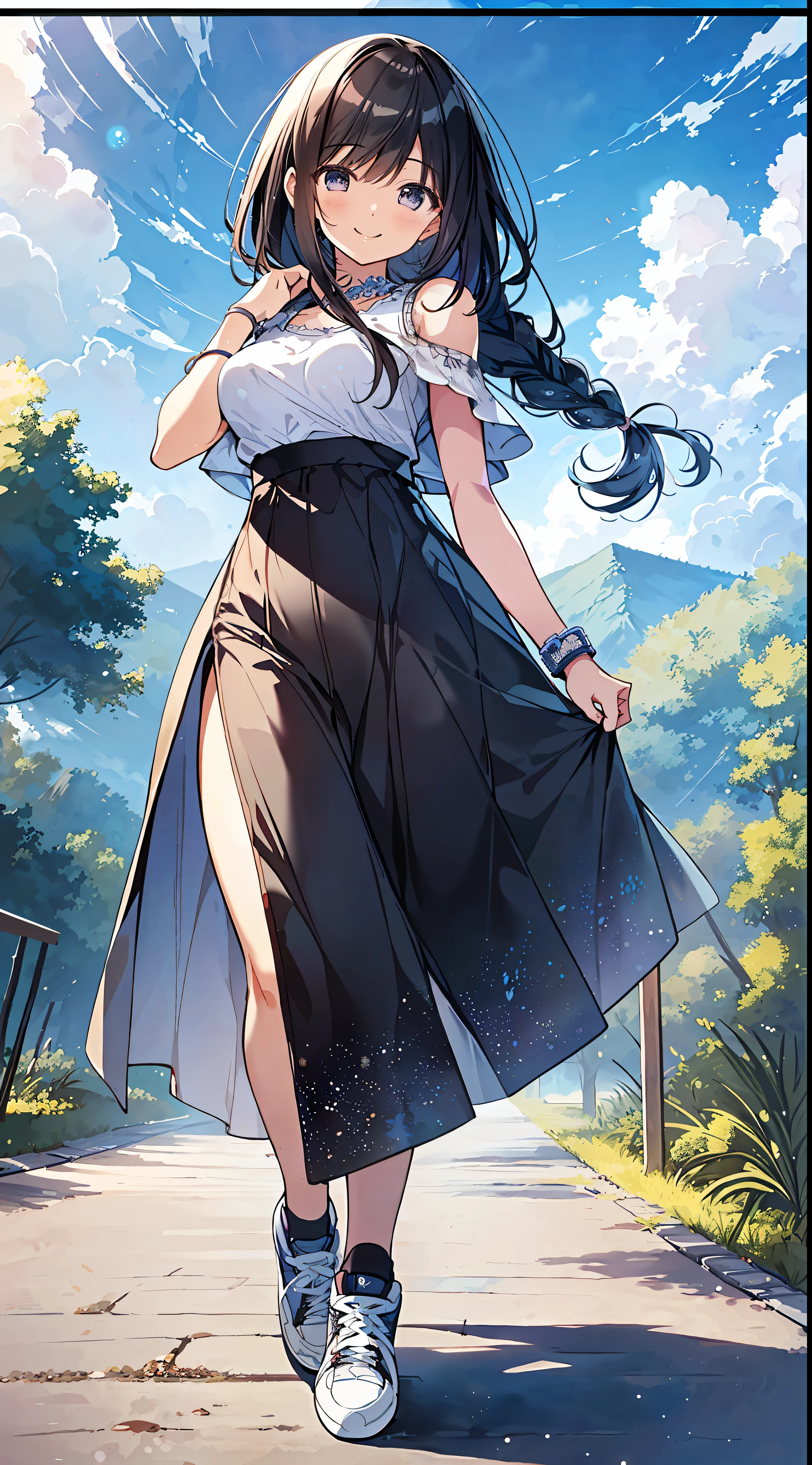 Top Quality, Masterpiece, Ultra High Definition, 8K, Summer Sky, Early Summer, (Maxi Skirt, Sheer Knit, Sneakers), Shojo Manga Style , One, Soft Line Art, Digital Enhancement, Shojo Manga Touch, Shojo Manga Core, Flowing Fabric, Close Up, (Shoulder Length and Short Braid)), Wet Hair, Staring at us from the front, Soft Drawing, Beautiful Black Hair, Clear eyes, (((teasing smile)), ultra-detailed digital anime art, clear face depiction, ultra-detailed shoujo manga character art, ultra-detailed manga style, top quality colors, hand gestures, landscape with nature, looking up at the sky, angle that can see up to your feet