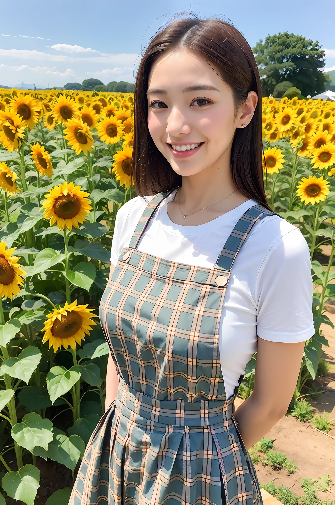 Beautiful Japan woman, plaid pinafore, top quality, masterpiece, super high resolution, photorealistic, smile, upper body, sunflower field, dating, face focus, background blur, full body, f1.0, tied hair,