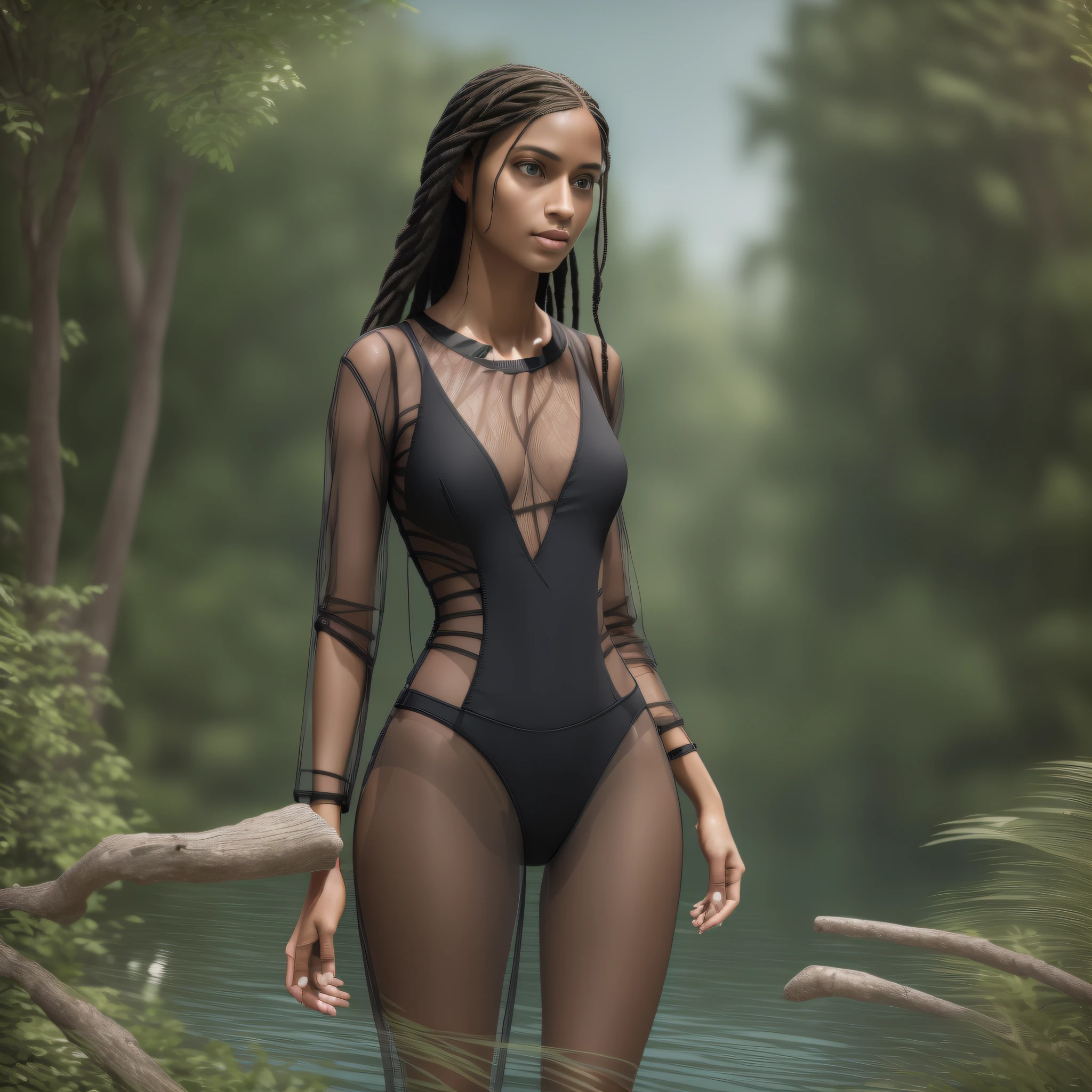 a beautiful woman standing by the lake, ((see-through swimsuite)), ((see-through swimsuit)), (sad look), Black long hair, two braids, (big sad eyes), (whole body), (long legs) (Masterpiece:1.2) (photorealistic:1.2) (best quality) (intricate details) (8K) (High Poly) (Raytracing) (Cinema Lighting) (Sharp Focus) (Detailed Face)