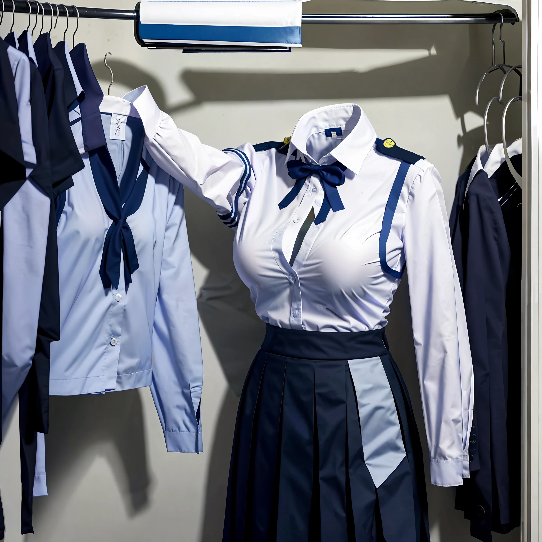 school uniforms in the closet raise their sleeves as if invisible girl wear them, school uniforms swells as if possessed by invisible girls, school uniforms have huge breasts and cleavage, (((no humans))), (headless), faceless, invisible girls, jk ribbon on the neck,