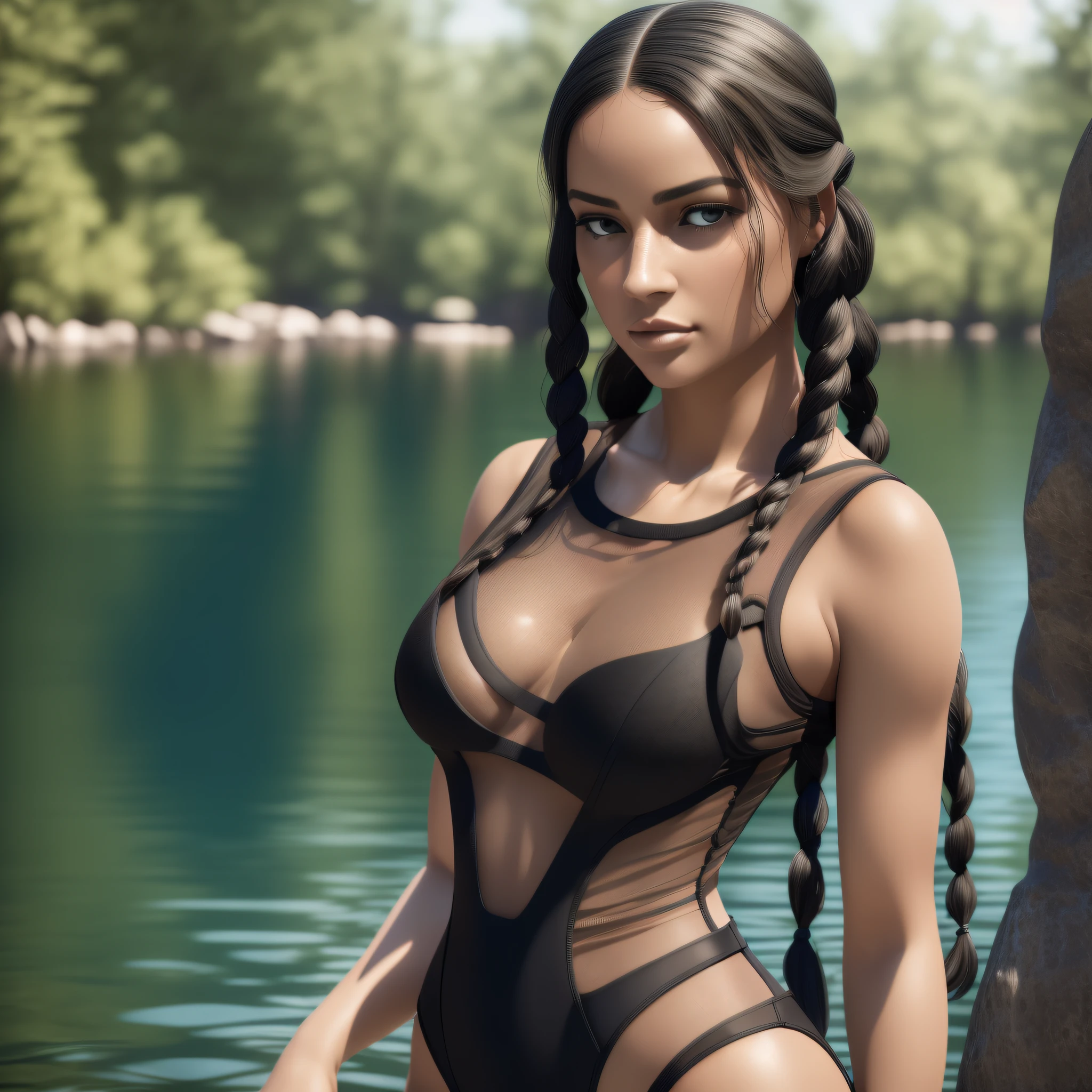 a beautiful woman standing by the lake, ((see-through swimsuite)), ((see-through swimsuit)), (sad look), Black long hair, two braids, (big sad eyes), (whole body), (long legs) (Masterpiece:1.2) (photorealistic:1.2) (best quality) (intricate details) (8K) (High Poly) (Raytracing) (Cinema Lighting) (Sharp Focus) (Detailed Face)