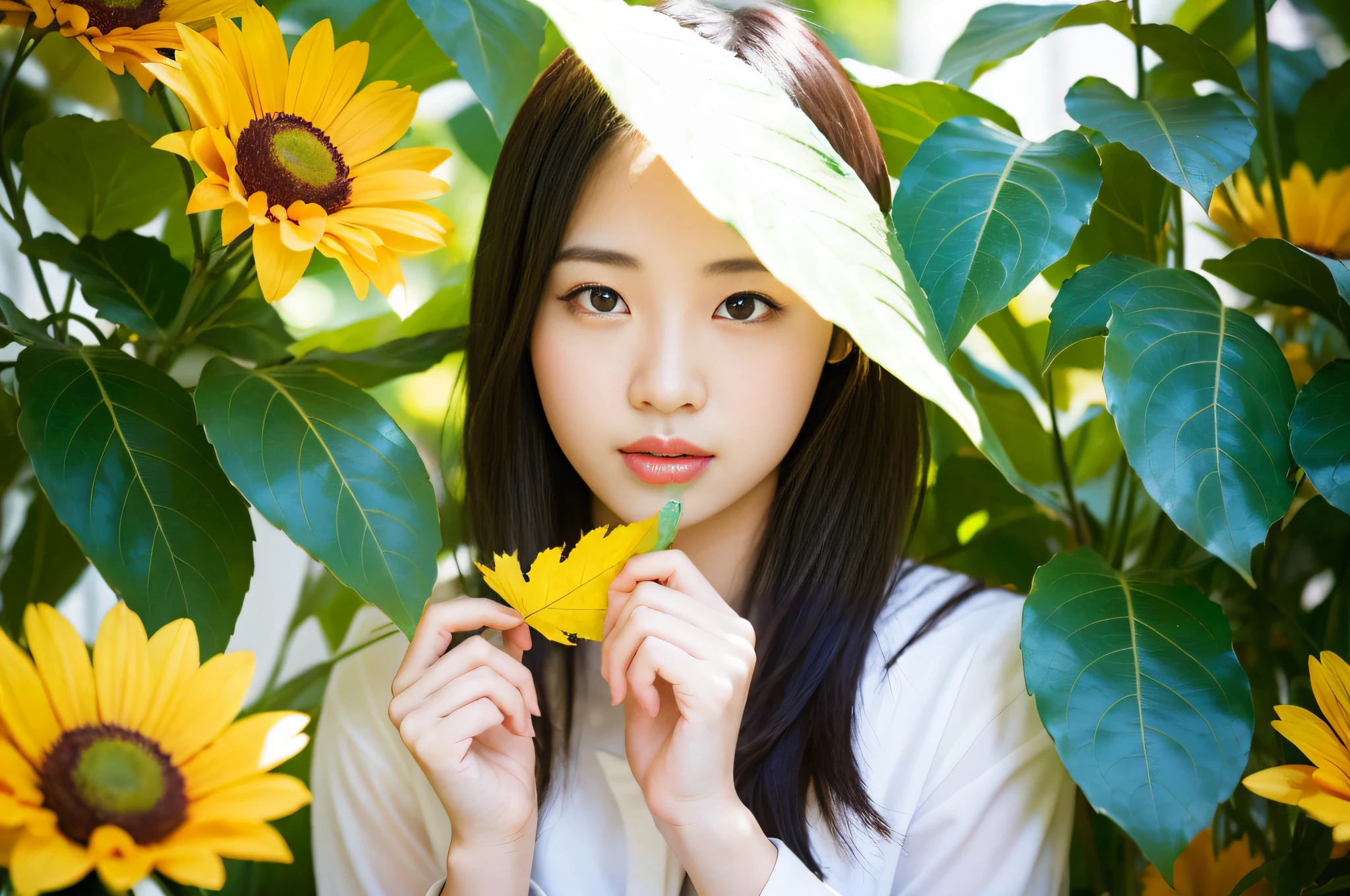 arafed woman holding a leaf in front of her face, a young asian woman, portrait of a japanese girl, young asian woman, close up portrait photo, 50mm portrait, 7 0 mm portrait, portrait of a japanese , mid shot portrait, color ( sony a 7 r iv, girl with a flower face, 60mm portrait, portrait shot