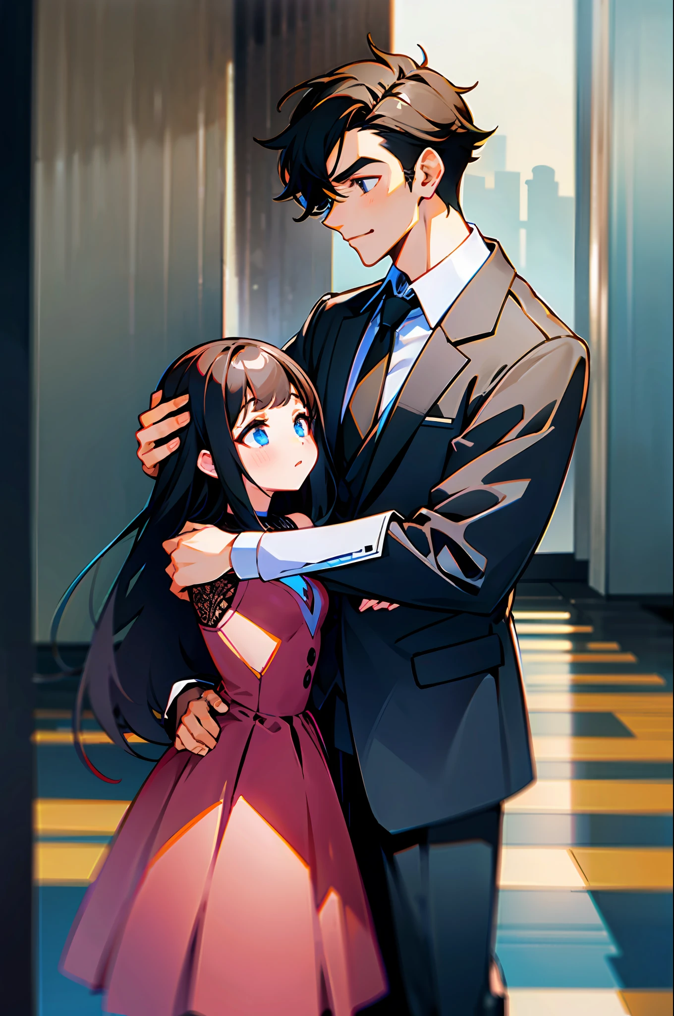 Boys and girls embrace each other, there is a height difference, handsome men and beautiful women
