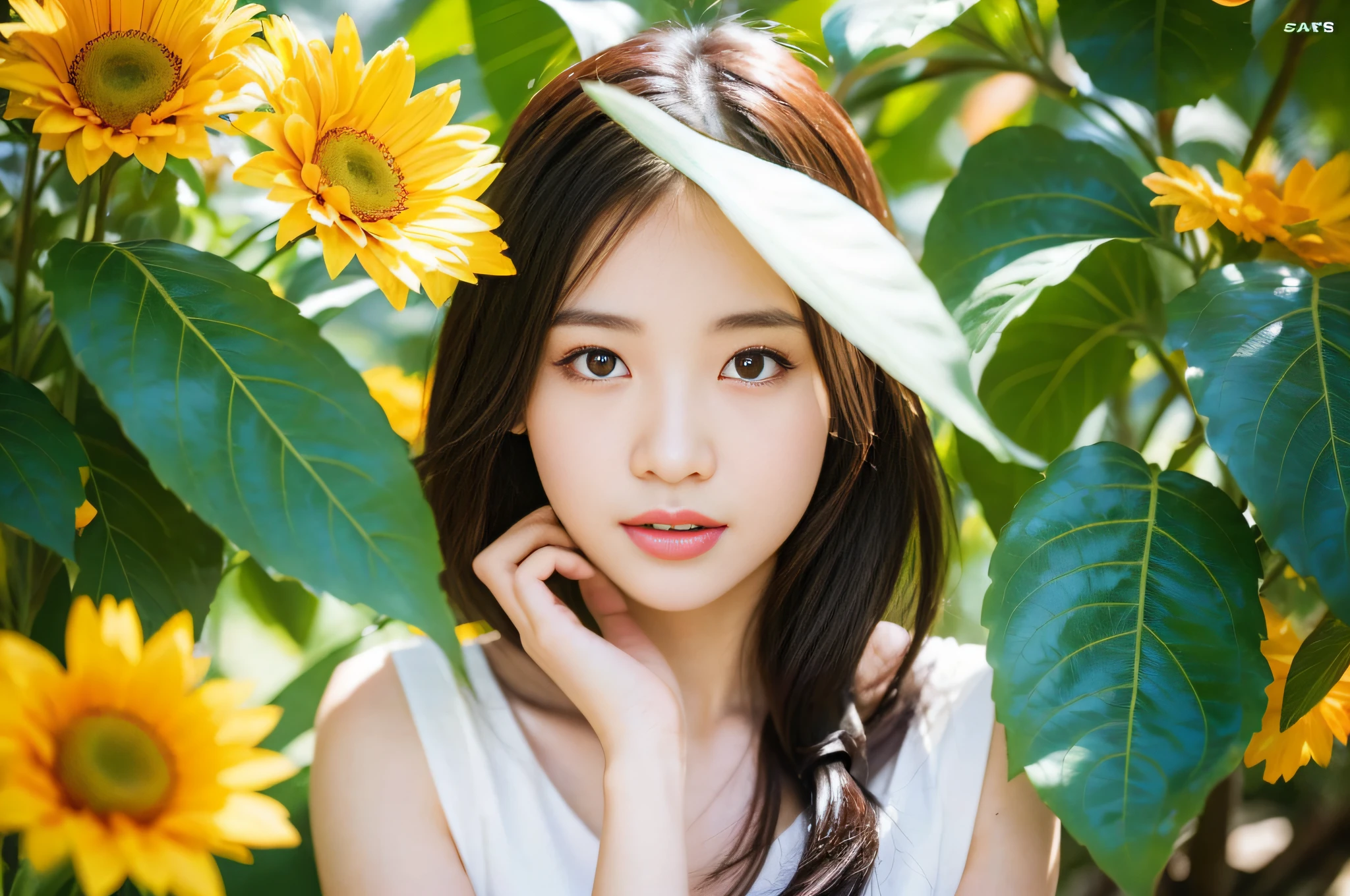 arafed woman holding a leaf in front of her face, a young asian woman, portrait of a japanese girl, young asian woman, close up portrait photo, 50mm portrait, 7 0 mm portrait, portrait of a japanese , mid shot portrait, color ( sony a 7 r iv, girl with a flower face, 60mm portrait, portrait shot