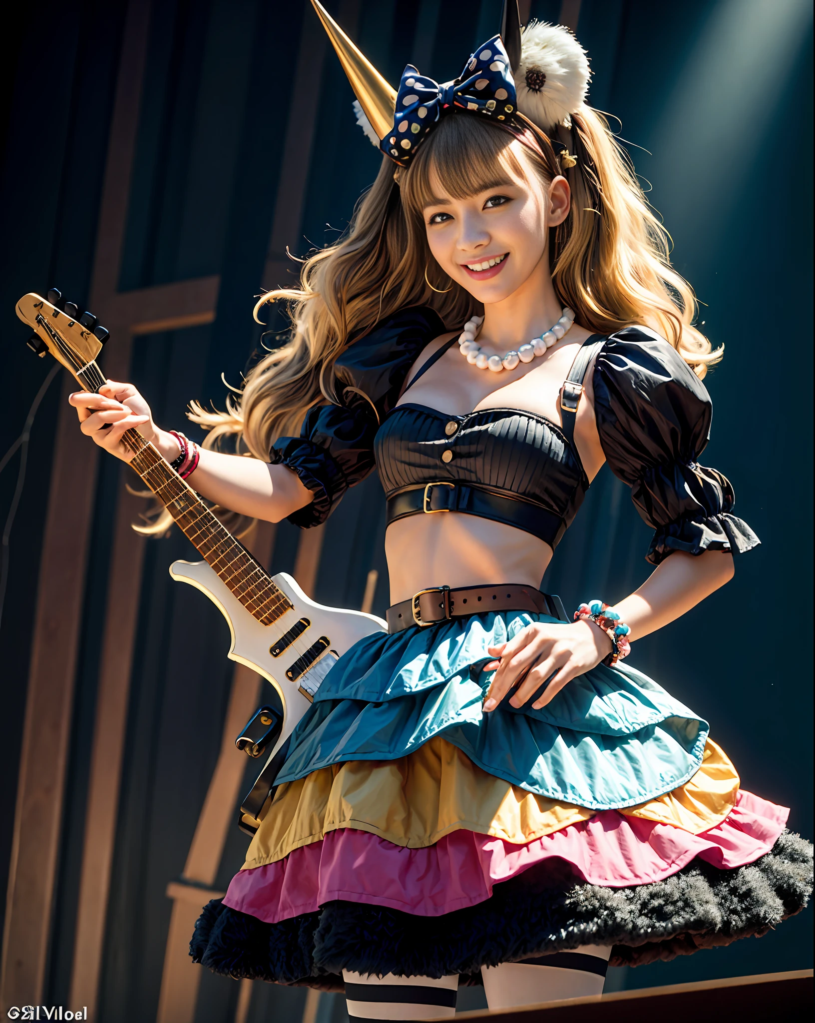 (masterpiece), (best quality), ultra high definition, professional artwork, ultra detailed, complex, detailed face, perfect lighting, 1girl, solo, sylviem, kovxib, striped, pantyhose, midriff, ribbon, striped pantyhose, jewelry, horn, open eyes, big smile, wide mouth, golden electric guitar, playing electric guitar, hair bow, chest, skirt, beads, necklace, cleavage, puffy sleeves, photorealistic, cowboy shot, dynamic angle