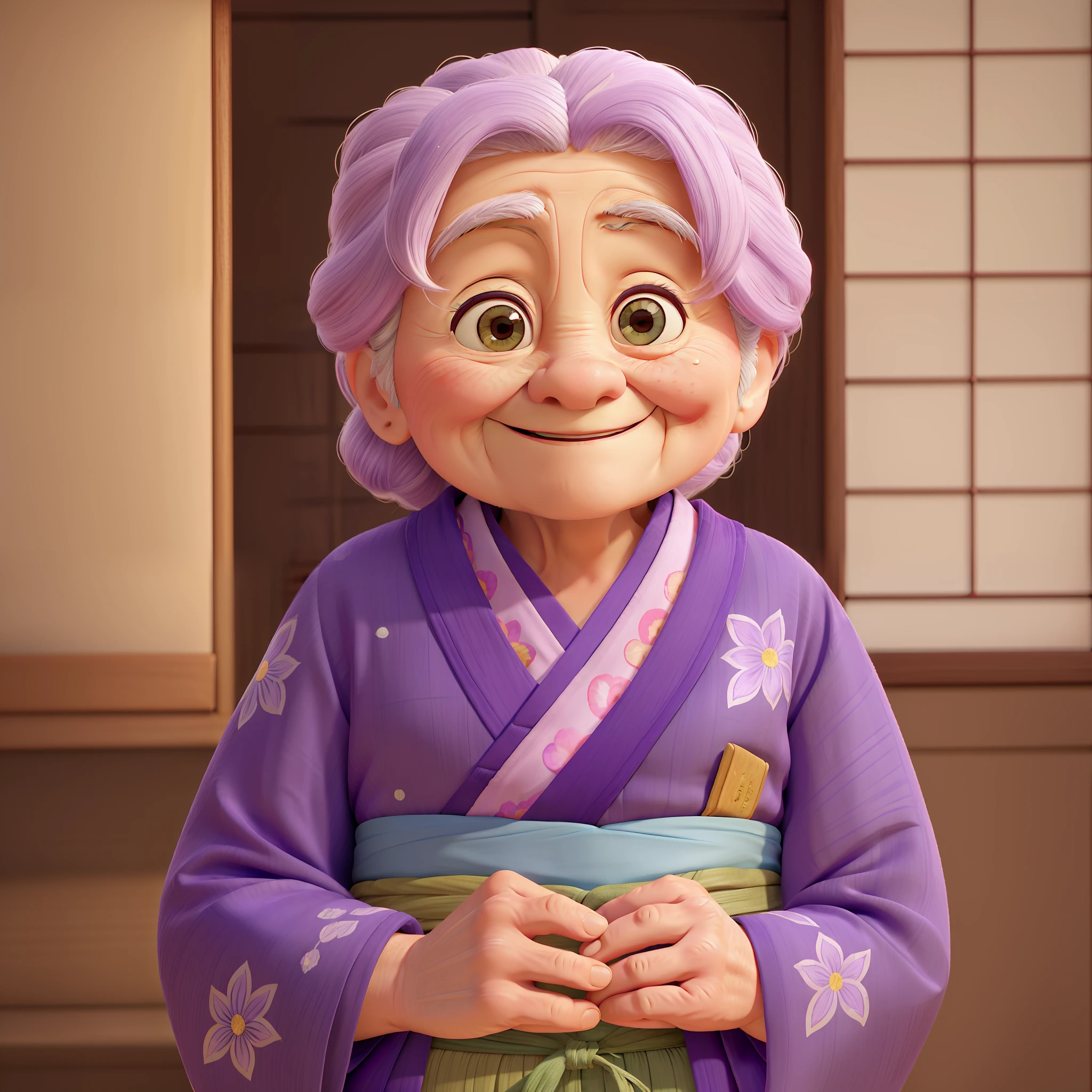 ** An old lady from a Japan folktale, character sheet making, warm smile, wrinkles at the corners of her eyes, old purple kimono, the fabric feels old, style similar to Pixar animation, lighting is natural and soft, color tone mixes warm and cold colors, reflects her wisdom and kindness, alone, (full body)