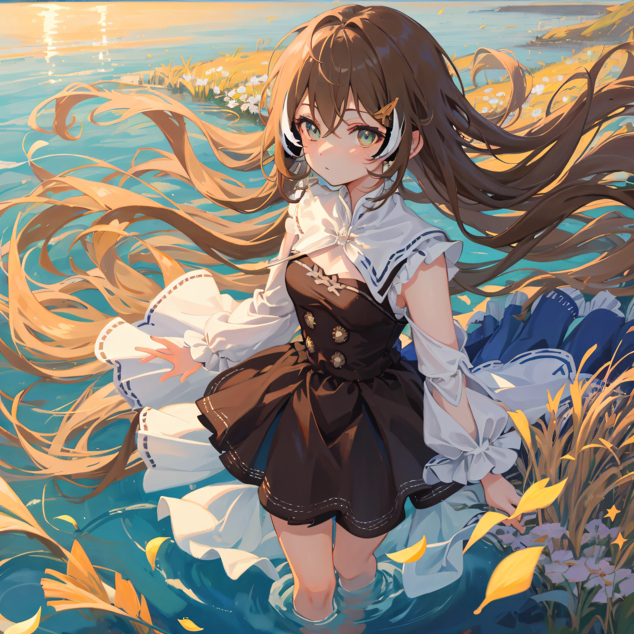 (人物: Nanashi Mumei), {brown hair}, (masterpiece:1.2), 1girl, solo, best quality, shiny skin, hyper detailed ultra high res, cute, looking at viewer, extremely detailed wallpaper, close up portrait, beautiful and delicate water, the finest grass, very delicate light, nature, painting, water spray, breeze, flowers and grass meadow, near the water edge, (sunset, starry sky in a circle), randomly distributed clouds, river, splashing water, falling petals