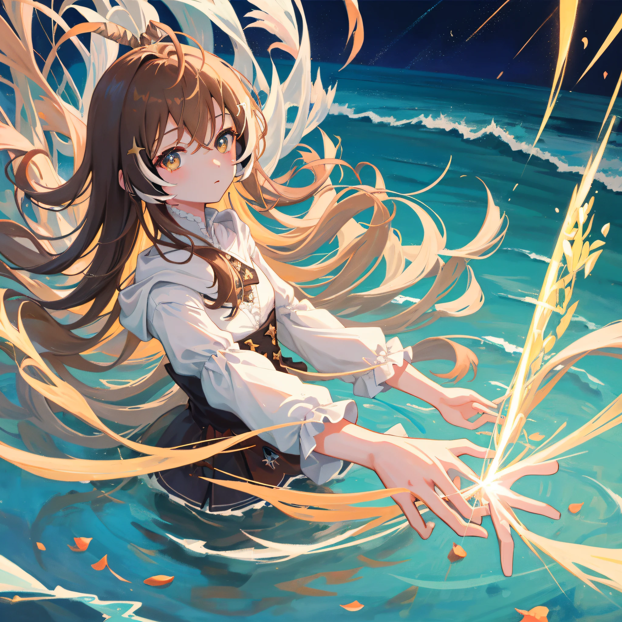 (人物: Nanashi Mumei), {brown hair}, (masterpiece:1.2), 1girl, solo, best quality, shiny skin, hyper detailed ultra high res, cute, looking at viewer, extremely detailed wallpaper, close up portrait, beautiful and delicate water, the finest grass, very delicate light, nature, painting, water spray, breeze, flowers and grass meadow, near the water edge, (sunset, starry sky in a circle), randomly distributed clouds, river, splashing water, falling petals