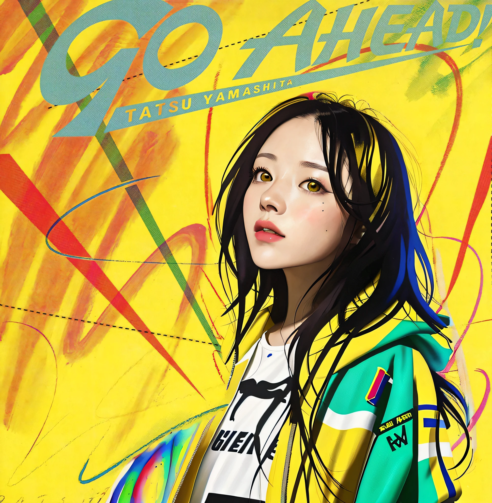 a painting of a woman with a hoodie on and a yellow background, album cover!, by Gavin Hamilton, an album cover, album art cover, album art, alternate album cover, album artwork, by Ellen Gallagher, album cover art, poster cover art, by Gee Vaucher, album cover, cover shot, package cover, by Daphne Allen, artistic rendition