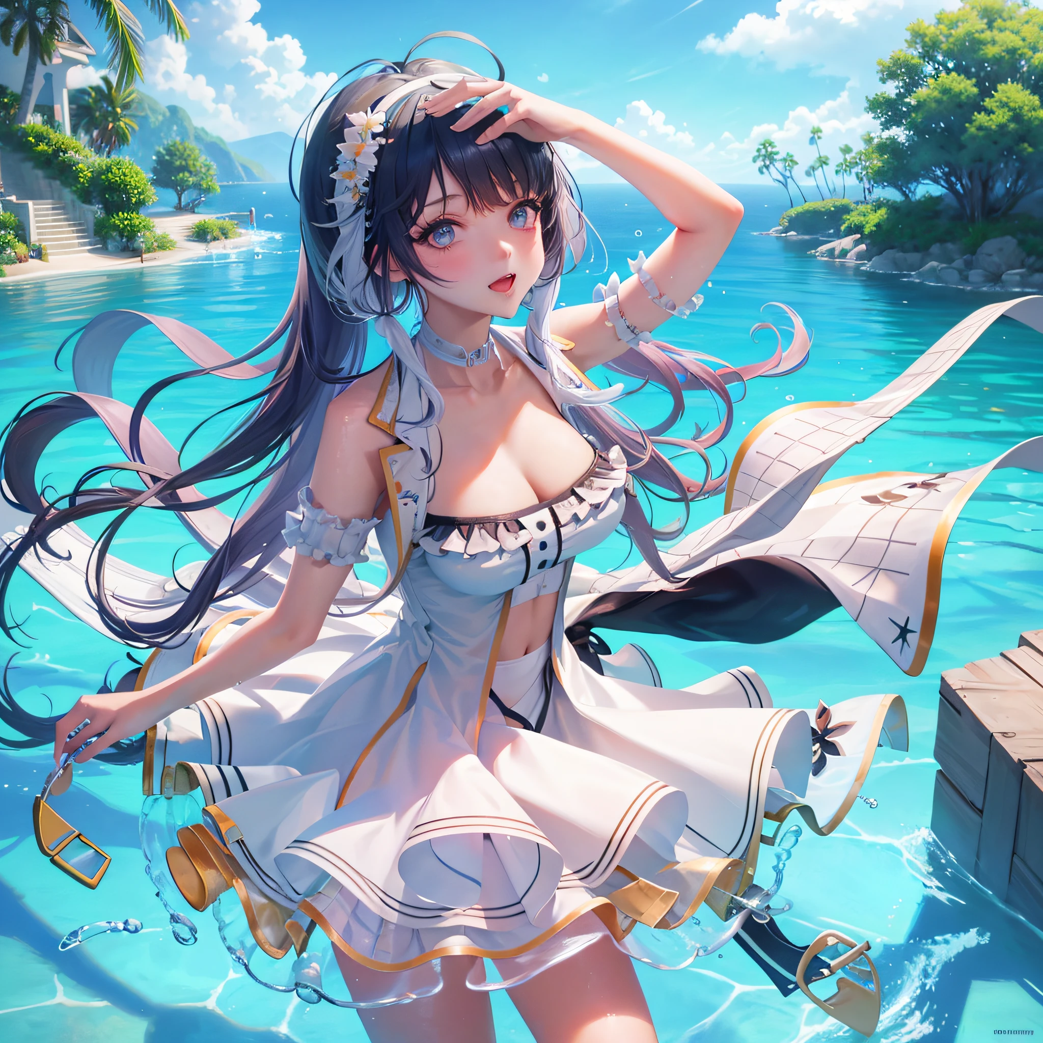 The art of cornflower, fantastic (1girl, solo, looking_at_viewer, smile, low double ponytail, bangs, bare shoulders, jewelry, upper body, gray hair, earrings, multicolored hair, choker, vest, water, off_shoulder, streaked_hair, tattoo, floating_hair, hairband, beautiful and detailed sky, beautiful and delicate water, splashing water, sunlight, nsfw, (drip), swimming pool), dripping, open legs,), swimwear, ((colored hair)),