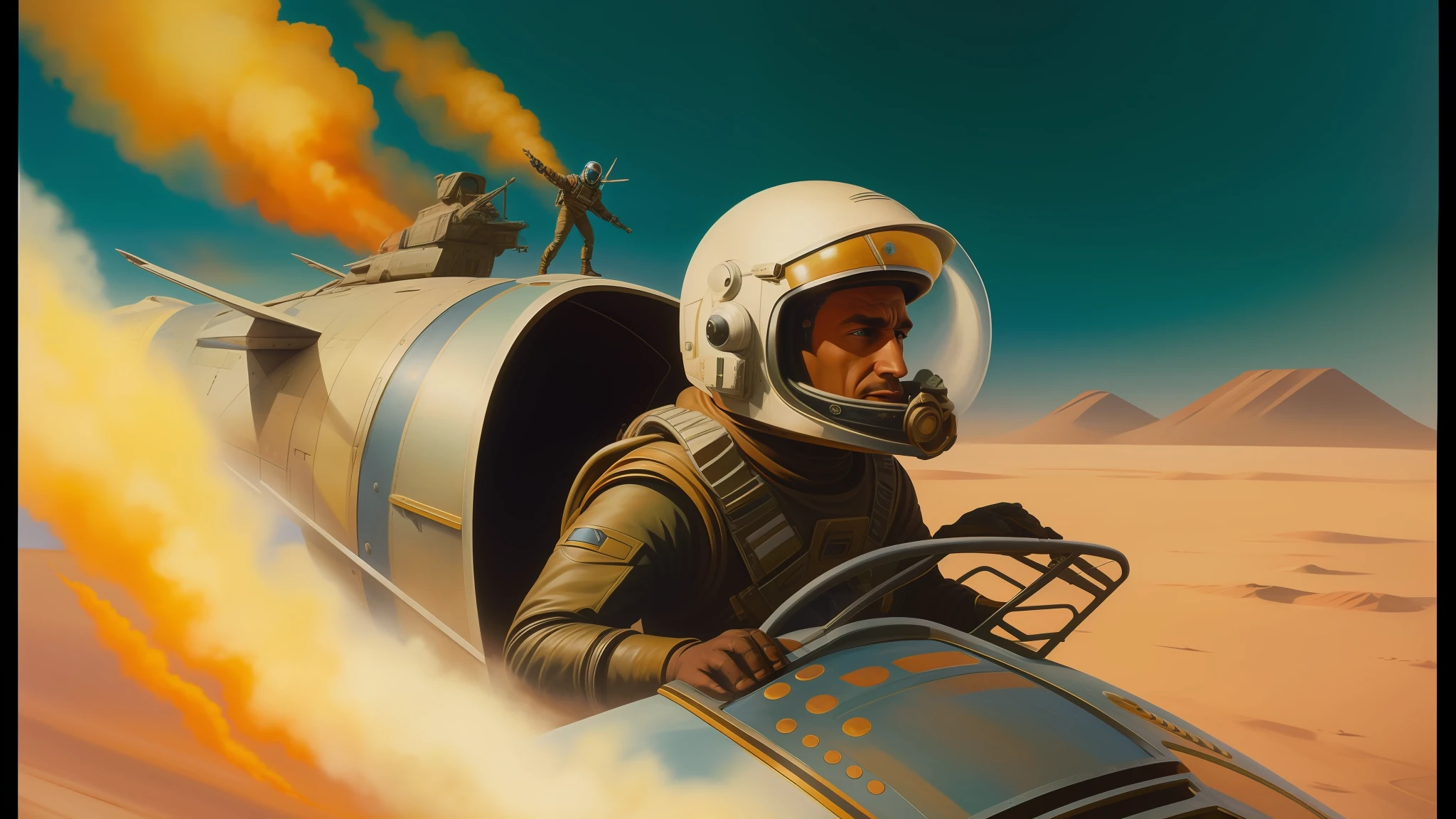 painting of a man in a space suit riding a jet, still from movie dune, trending on artstattion, the jewelpunk aesthetic, serene post-nuclear background, movie poster art, diesel punk, scene from starship, mad max, scene from the movie prometheus, 6 0's french movie poster, desert wasteland