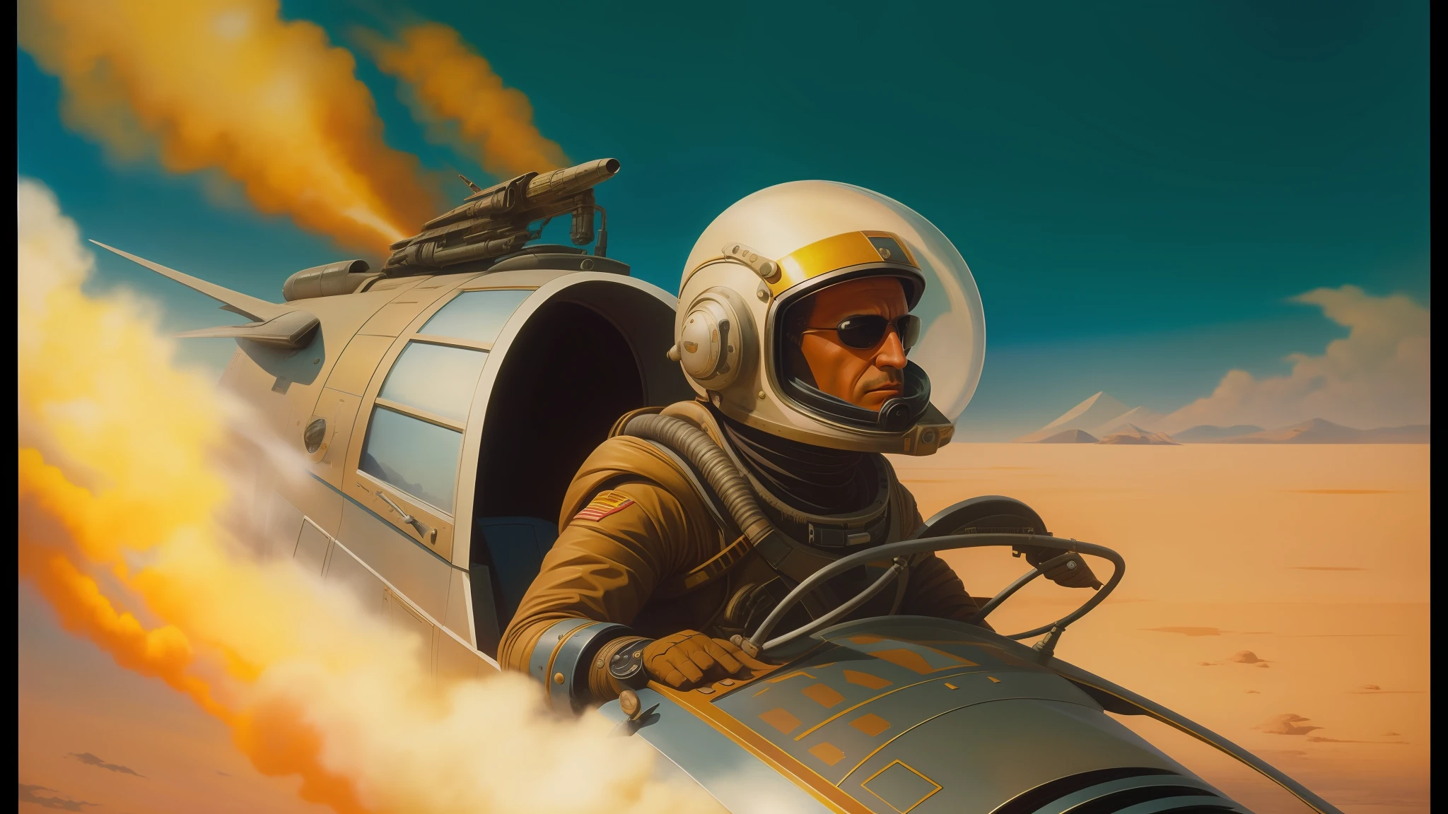 painting of a man in a space suit riding a jet, still from movie dune, trending on artstattion, the jewelpunk aesthetic, serene post-nuclear background, movie poster art, diesel punk, scene from starship, mad max, scene from the movie prometheus, 6 0's french movie poster, desert wasteland