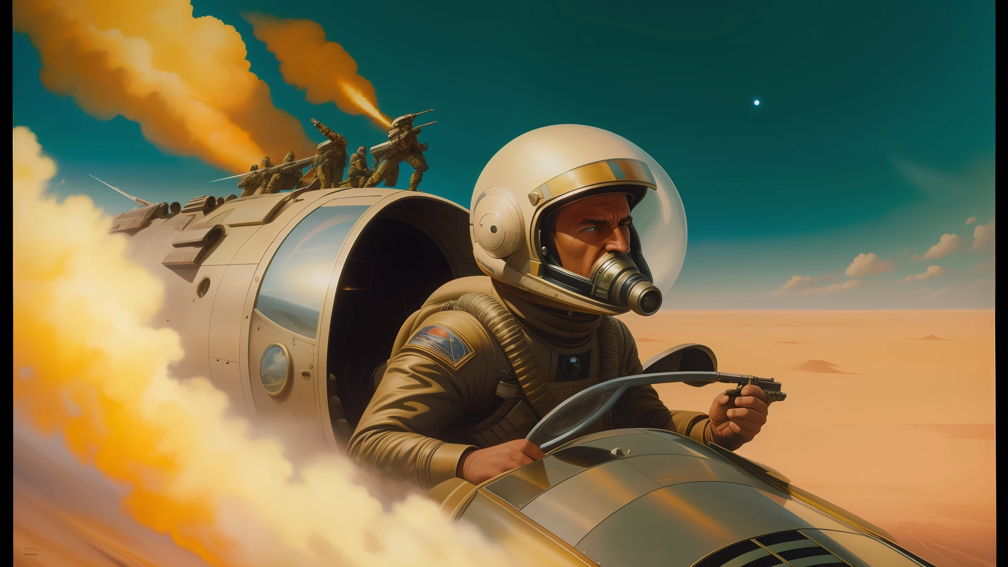 painting of a man in a space suit riding a jet, still from movie dune, trending on artstattion, the jewelpunk aesthetic, serene post-nuclear background, movie poster art, diesel punk, scene from starship, mad max, scene from the movie prometheus, 6 0's french movie poster, desert wasteland