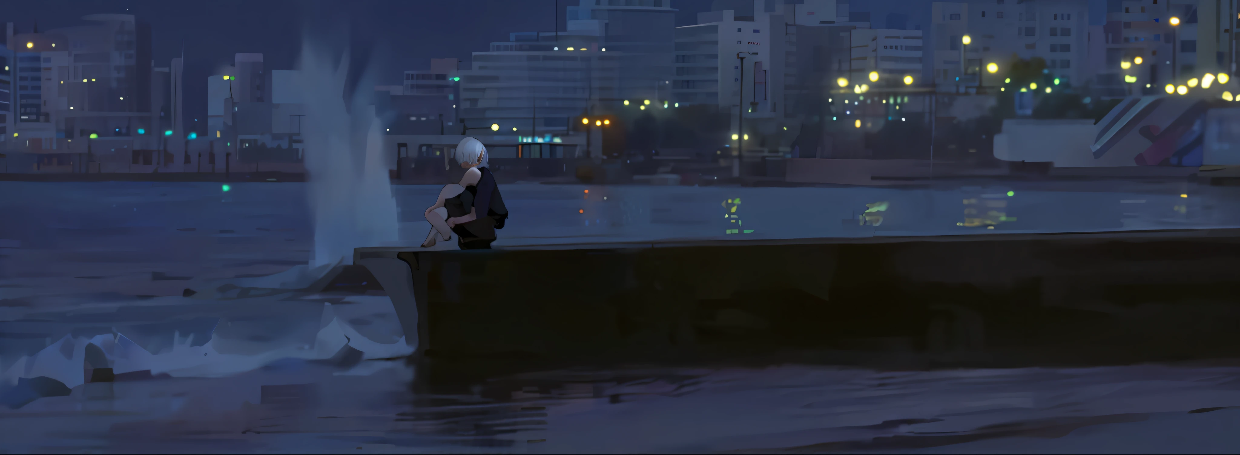 Best Quality, Ultra High Resolution, 1girl, Sleeveless White Buttoned Shirt, Black Skirt, Black Collar, Cute, (Kpop idol), (aegyo sal:1), (Platinum blonde: 1), ((Puffy eyes)), looks in front of the audience, full body, facing forward, night view of a woman sitting on a waterside wall, shot from Denis Villeneuve film, movie screen cover, Loepfe feeling, movie screen lens, cinema lens, great cinematography, Loepfe, Surreal film shooting, (masterpiece, best quality), solo, white hair, 8k,