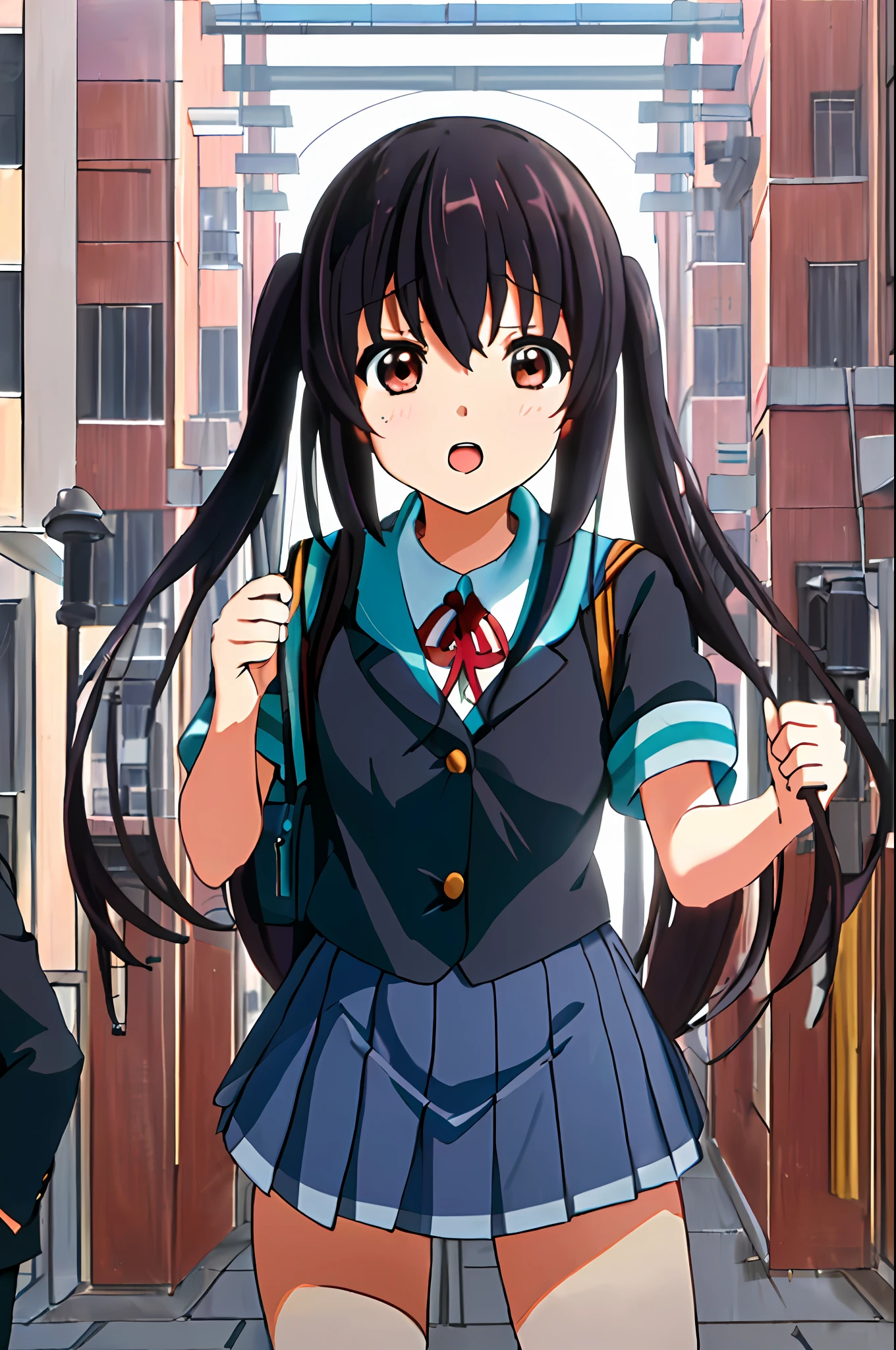 1girl, ((((Masterpiece))), Best Quality, Best Quality, High Detail, Azusa Nakano, 1girl, Sakuragaoka High School Uniform, Musical Instrument, School Uniform, Twin Tails, Long Hair, Black Hair, Brown Eyes, Solo, Red, Dark blue blazer with a thin ribbon of red, Solid white button shirt under blazer, Illustration, Cartoon, Soothing tones, Muted colors, Soft cinematic light, Adobe Lightroom, Photo Lab, HDR, complex and highly detailed, (((depth of field))))). (((Masterpiece))). (((highest quality))).) ((super detail))). (((Illustration))). (((Outside))). (((fighting stance))).,((((Giantization))).dynamic focus.small breasts. (((skyscrapers))). (((Cityscape))). (((Face of sadness))). open mouth.