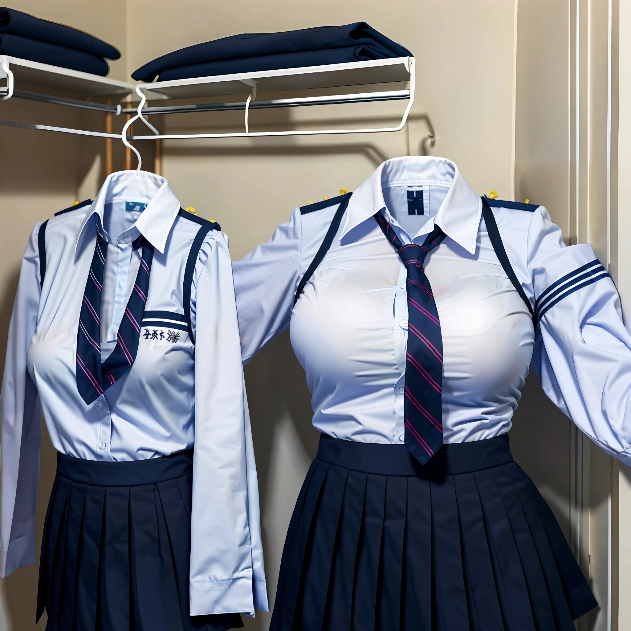 school uniforms in the closet raise their sleeves as if invisible girl wear them, school uniforms swells as if possessed by invisible girls, school uniforms have huge breasts and cleavage, (((no humans))), (headless), faceless, invisible girls, jk ribbon on the neck,