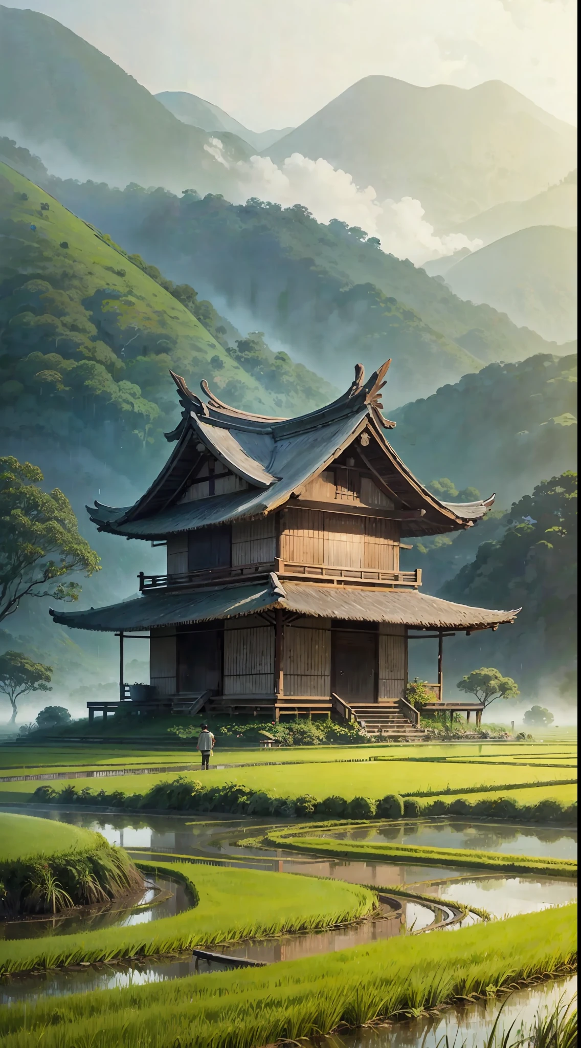There is a man walking through a rice field, in the background is a hut with rice fields, rice fields, neat rice seedlings in the fields, misty rain, villages, agriculture, in the tranquil landscape, misty weather, in the vast peaceful landscape, in the early morning, in the morning mist, behind a small village, mist, Japanese countryside, thatched roofs --auto --v 6 --s2