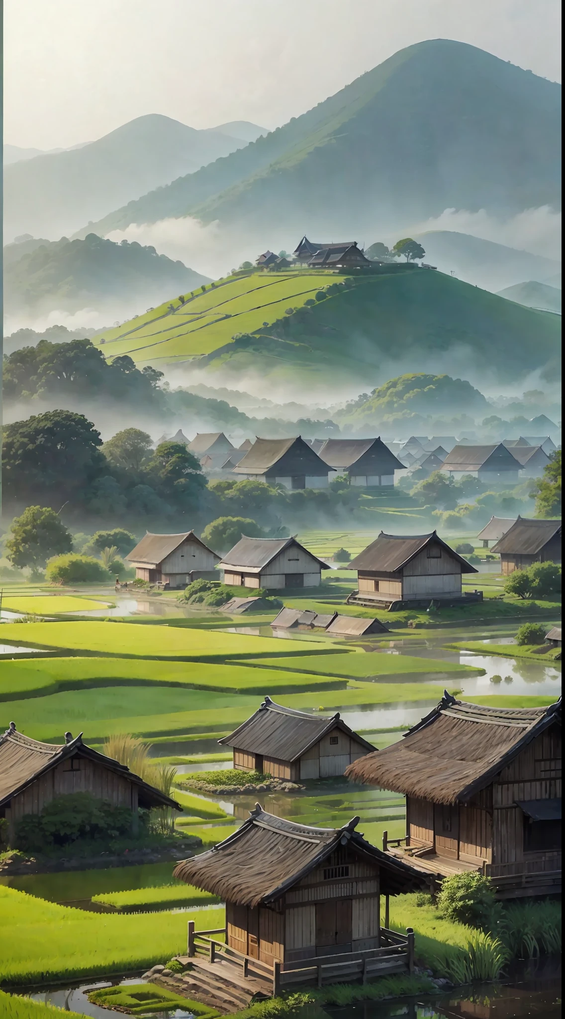 There is a man walking through a rice field, in the background is a hut with rice fields, rice fields, neat rice seedlings in the fields, misty rain, villages, agriculture, in the tranquil landscape, misty weather, in the vast peaceful landscape, in the early morning, in the morning mist, behind a small village, mist, Japanese countryside, thatched roofs --auto --v 6 --s2
