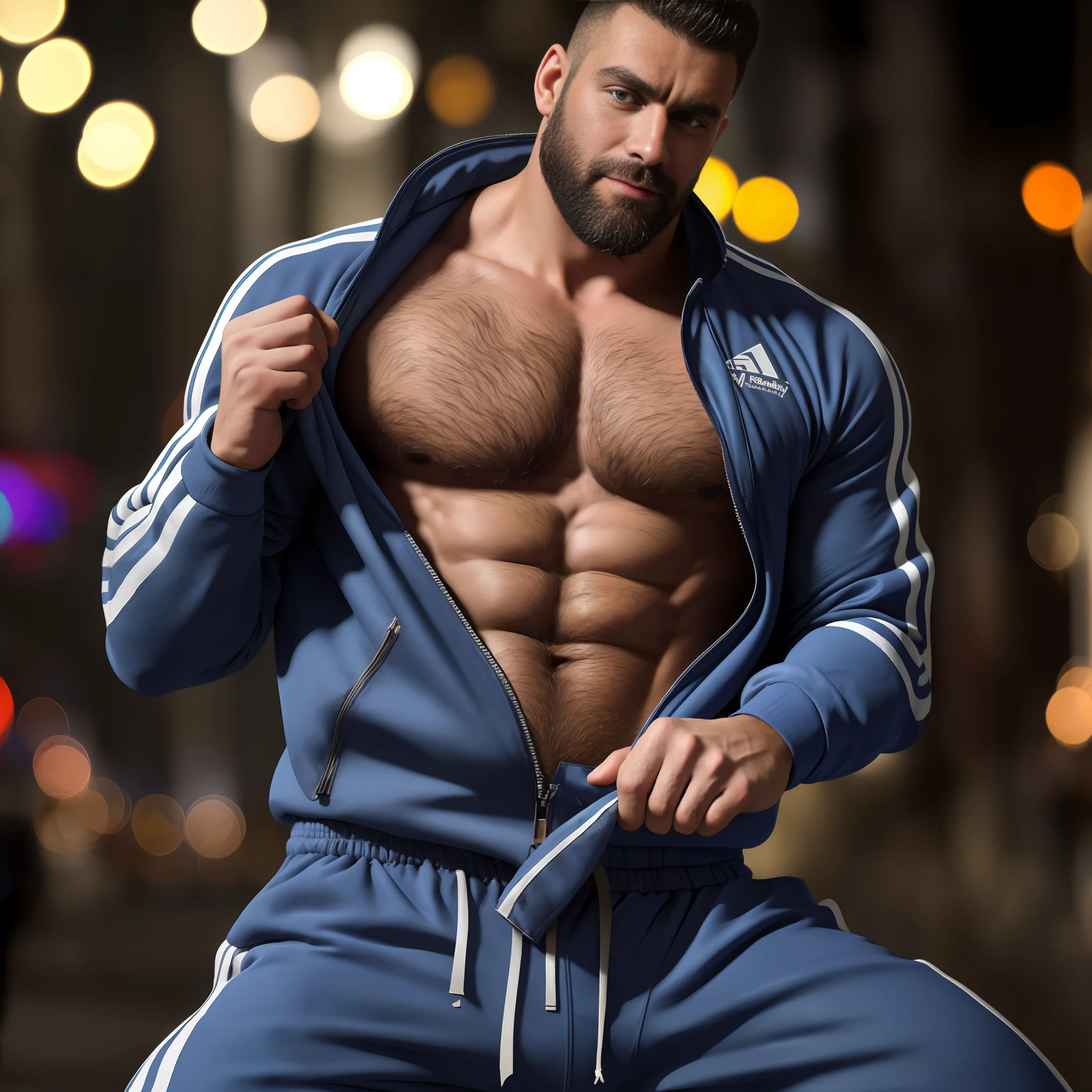 destroyed jeans, photo of muscular bearded (man) in a worn ((skin-revealing skimpy erotic blue tracksuit, massive hairy pecs)), big pecs, big arms, large bulge, ((light bokeh)), intricate, (steel metal [rust]), elegant, erotic, exuding sexual energy, homoerotic, sharp focus, photo by greg rutkowski, soft lighting, vibrant colors, (masterpiece), ((streets)), (detailed face)