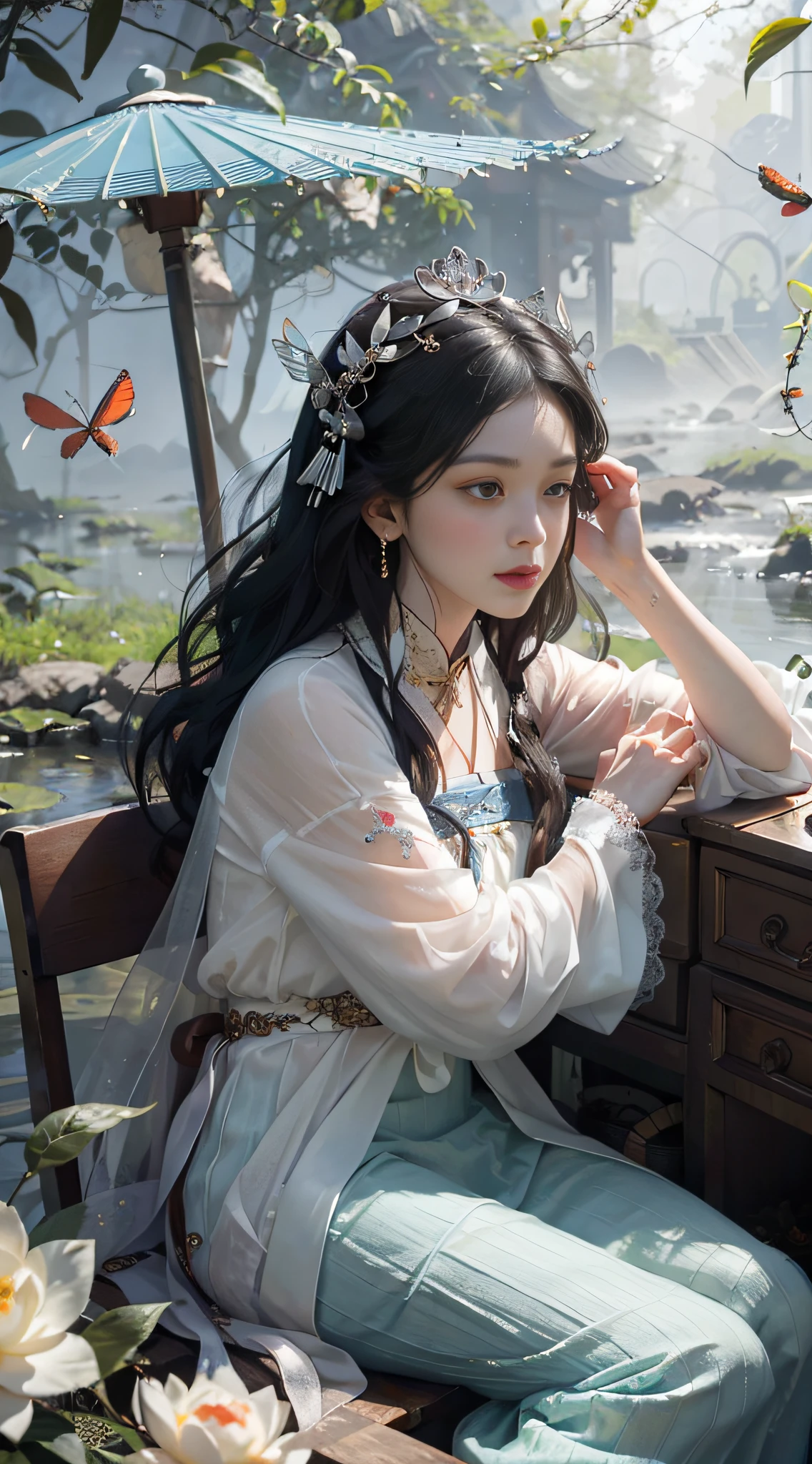 (Positive Focus), (In the Dark: 1 Girl), Surrealistic Female Portraits by David Hockney and Alphonse Mucha, Fantasy Art, Photo Realism, Dynamic Lighting, Art Station, Poster, Volumetric Lighting, Very Detailed Faces, 4K Wallpaper, Award-Winning 1 Girl Close-up, Bust Photo, Red Hanfu, White Tulle Coat, Half-off Coat, Smile Expression, Long Black Hair, Red Fringed Hair Ornament, White Ribbon, Red Flower Bush, Small Blue Flowers, Butterflies Flying, Multiple Butterflies, Sitting by a Small River, Reaching for Flowers, small carp, goldfish, oversized oil-paper umbrella, lantern, ancient Chinese wooden boat, hazy fog, foggy, evening, fog, ancient Chinese architecture courtyard background, peony flower, white lotus, small bamboo, petals falling, dramatic composition, movie light effects,