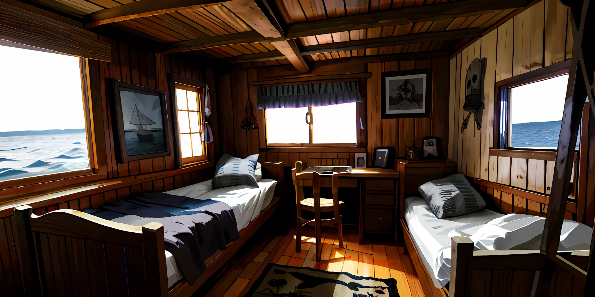 Light oak cabin of an old ship with a picture of a pirate in the parde
