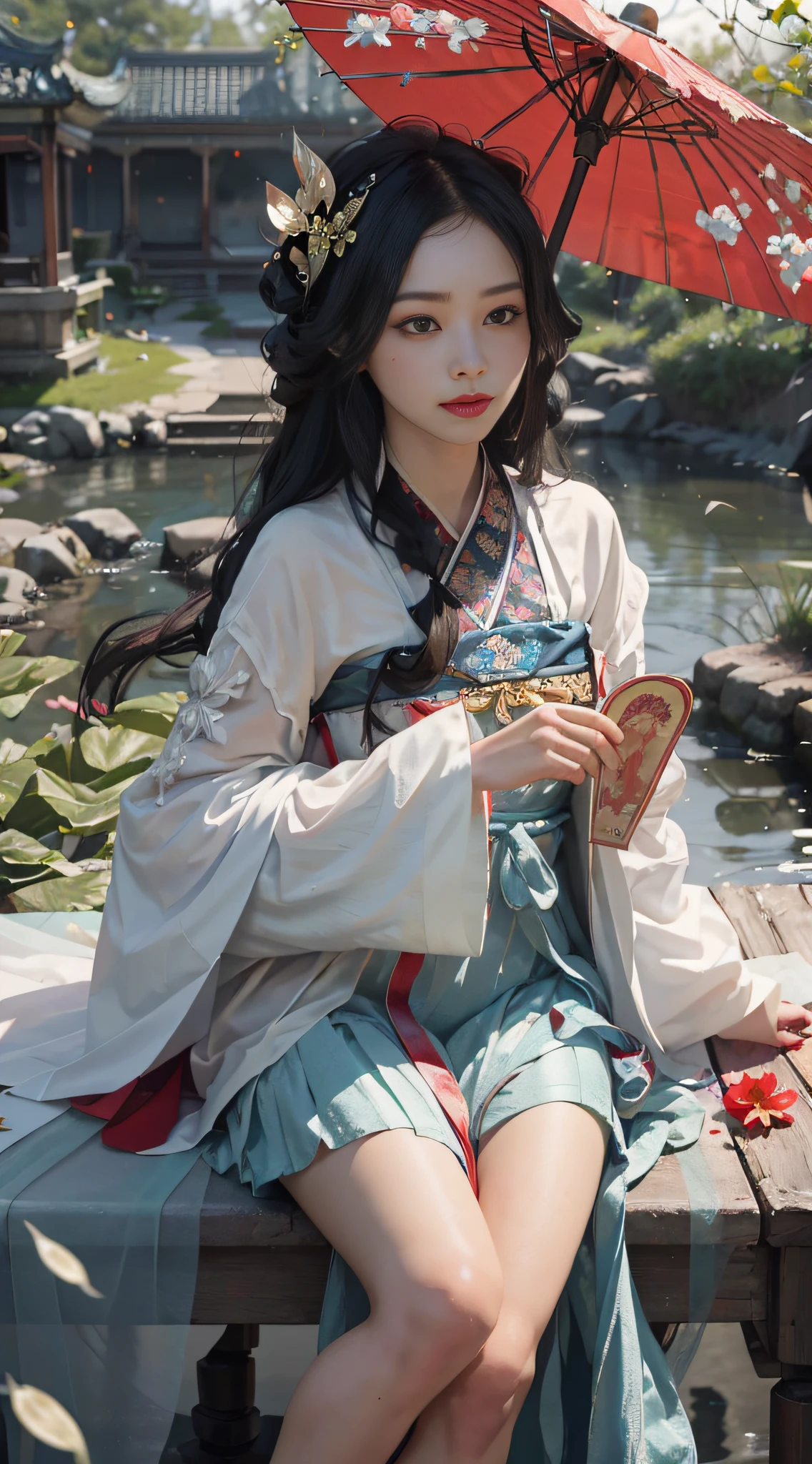 (Positive Focus), (In the Dark: 1 Girl), Surrealistic Female Portraits by David Hockney and Alphonse Mucha, Fantasy Art, Photo Realism, Dynamic Lighting, Art Station, Poster, Volumetric Lighting, Very Detailed Faces, 4K Wallpaper, Award-Winning 1 Girl Close-up, Bust Photo, Red Hanfu, White Tulle Coat, Half-off Coat, Smile Expression, Long Black Hair, Red Fringed Hair Ornament, White Ribbon, Red Flower Bush, Small Blue Flowers, Butterflies Flying, Multiple Butterflies, Sitting by a Small River, Reaching for Flowers, small carp, goldfish, oversized oil-paper umbrella, lantern, ancient Chinese wooden boat, hazy fog, foggy, evening, fog, ancient Chinese architecture courtyard background, peony flower, white lotus, small bamboo, petals falling, dramatic composition, movie light effects,
