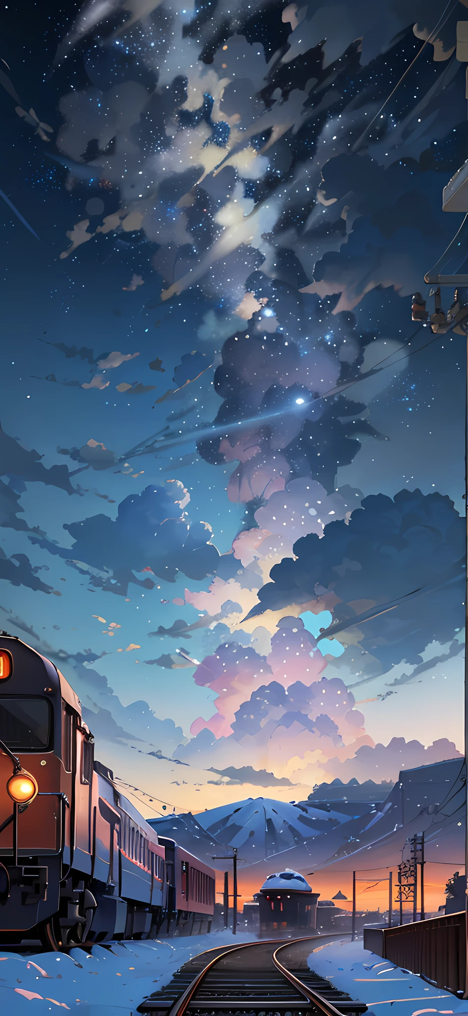 There is a train running along the tracks in the snow, Makoto Shinkai's concept art, tumblr, magic realism, beautiful anime scenes, cosmic sky. by makoto shinkai, ( ( makoto shinkai ) ), anime background art, anime backgrounds, Makoto Shinkai's style, anime movie backgrounds, galaxy express, no humans.