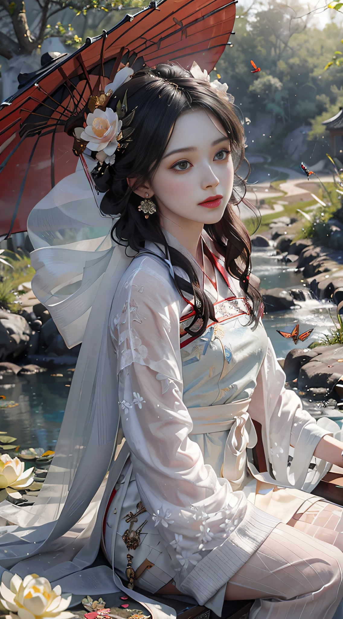 (Positive Focus), (In the Dark: 1 Girl), Surrealistic Female Portraits by David Hockney and Alphonse Mucha, Fantasy Art, Photo Realism, Dynamic Lighting, Art Station, Poster, Volumetric Lighting, Very Detailed Faces, 4K Wallpaper, Award-Winning 1 Girl Close-up, Bust Photo, Red Hanfu, White Tulle Coat, Half-off Coat, Smile Expression, Long Black Hair, Red Fringed Hair Ornament, White Ribbon, Red Flower Bush, Small Blue Flowers, Butterflies Flying, Multiple Butterflies, Sitting by a Small River, Reaching for Flowers, small carp, goldfish, oversized oil-paper umbrella, lantern, ancient Chinese wooden boat, hazy fog, foggy, evening, fog, ancient Chinese architecture courtyard background, peony flower, white lotus, small bamboo, petals falling, dramatic composition, movie light effects,