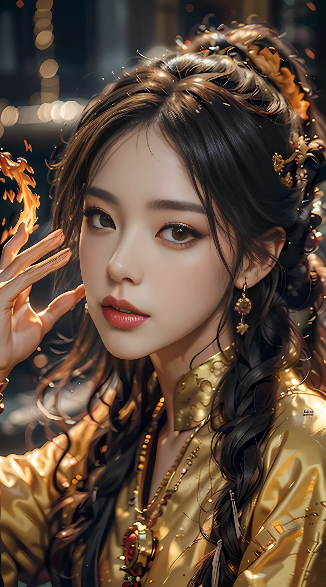 Best quality,masterpiece,ultra high res,(photorealistic:1.4)1girl,beautiful_face,detailed skin,full body,yuhuoshu,jewelry,solo,earrings,(fire:1.3),blurry,realistic,lips,